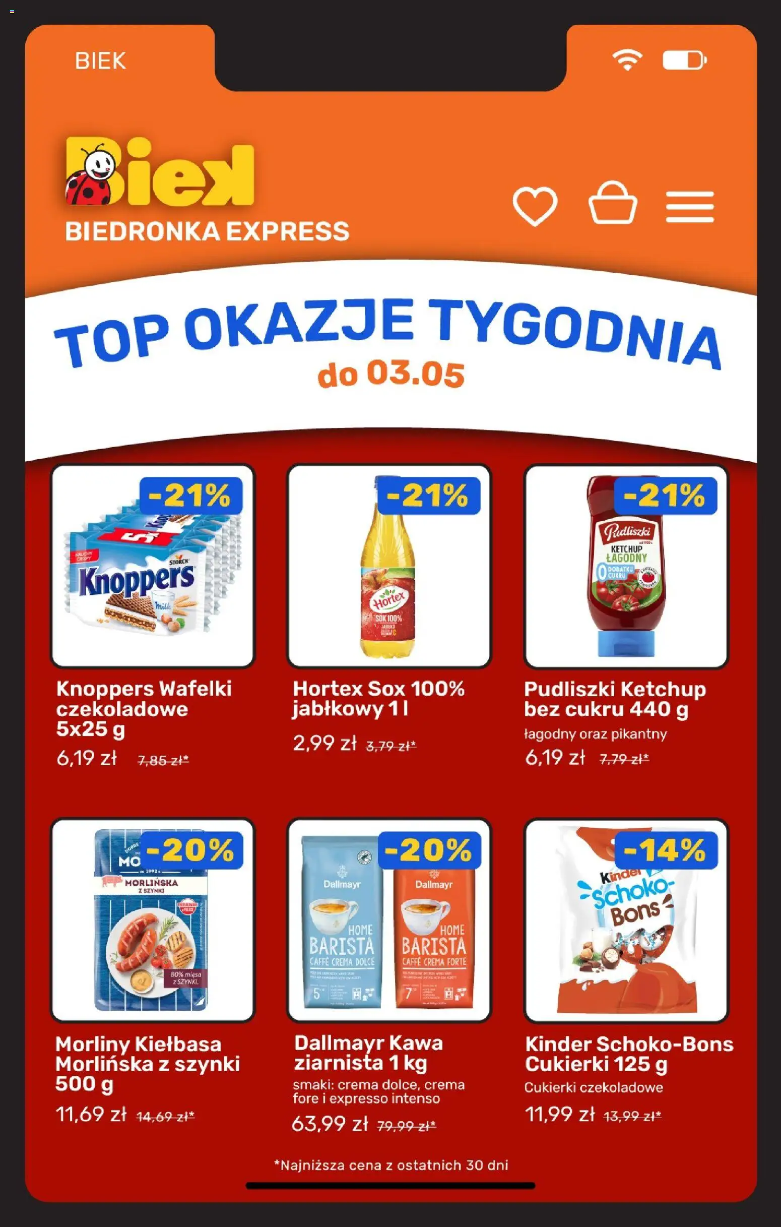 Biedronka gazetka - Biek Exspress od 01.05.2026 | Strona: 6 | Produkty: Kiełbasa, Top, Cukierki czekoladowe, Sok