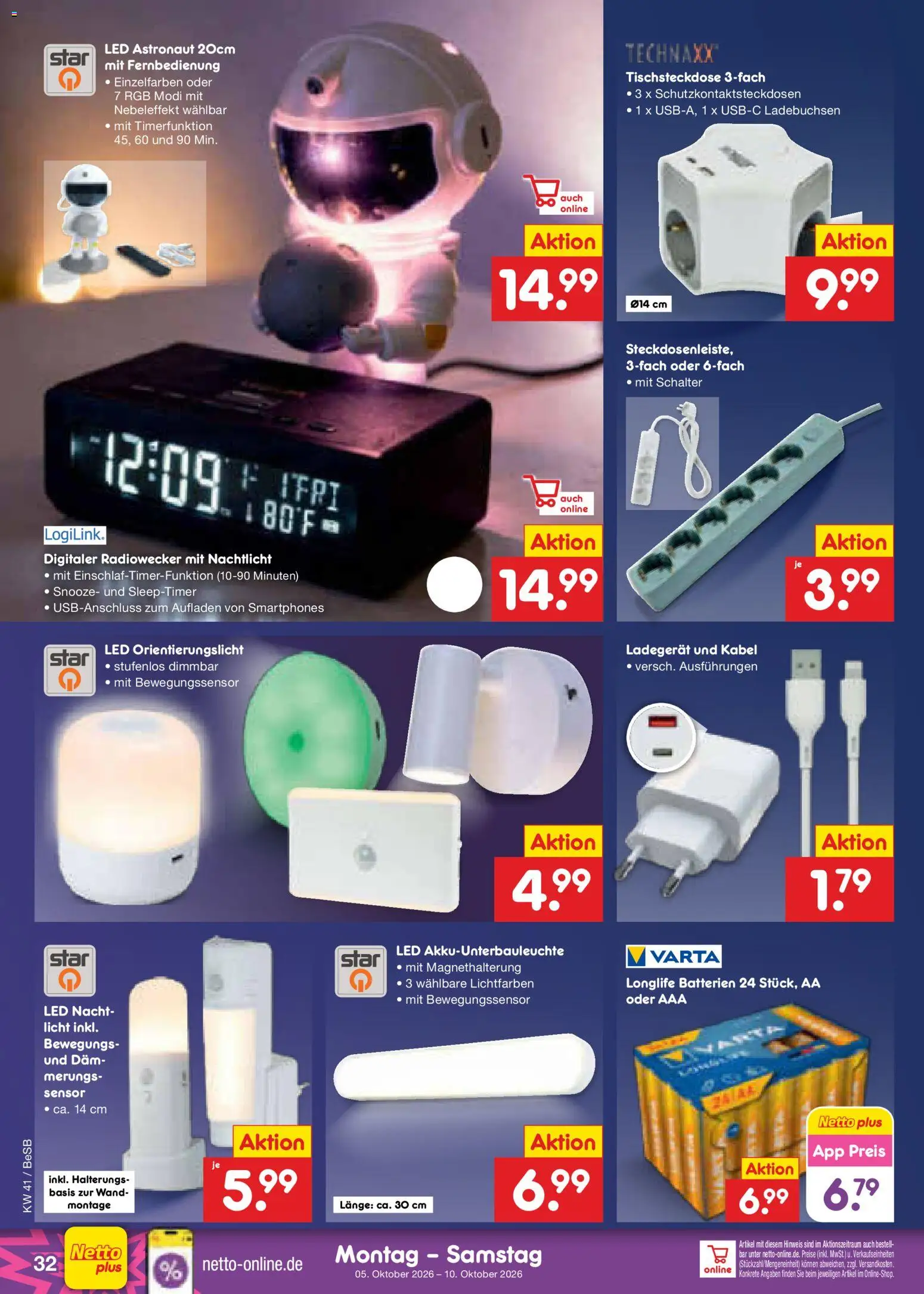 Netto Marken-Discount Prospekt – gültig ab 05.10.2026 | Seite: 40 | Produkte: Kabel, Batterien, Radiowecker, Ladegerät