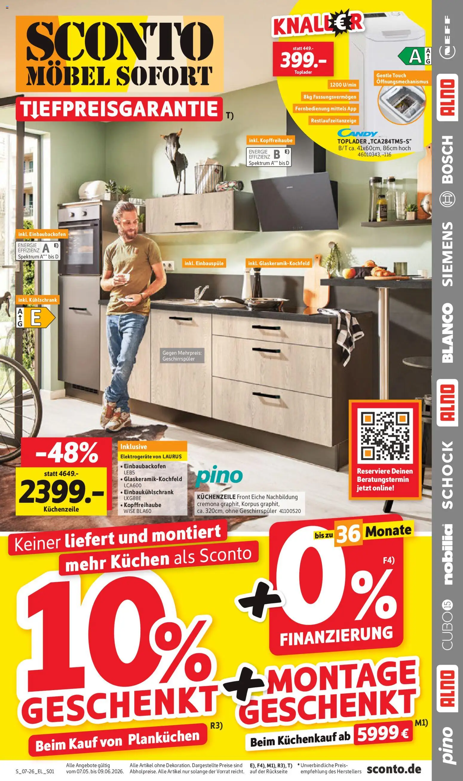 Sconto Küchenspezial – gültig ab 07.05.2026 | Seite: 1 | Produkte: Bosch, Küchenzeile, Kühlschrank, Toplader