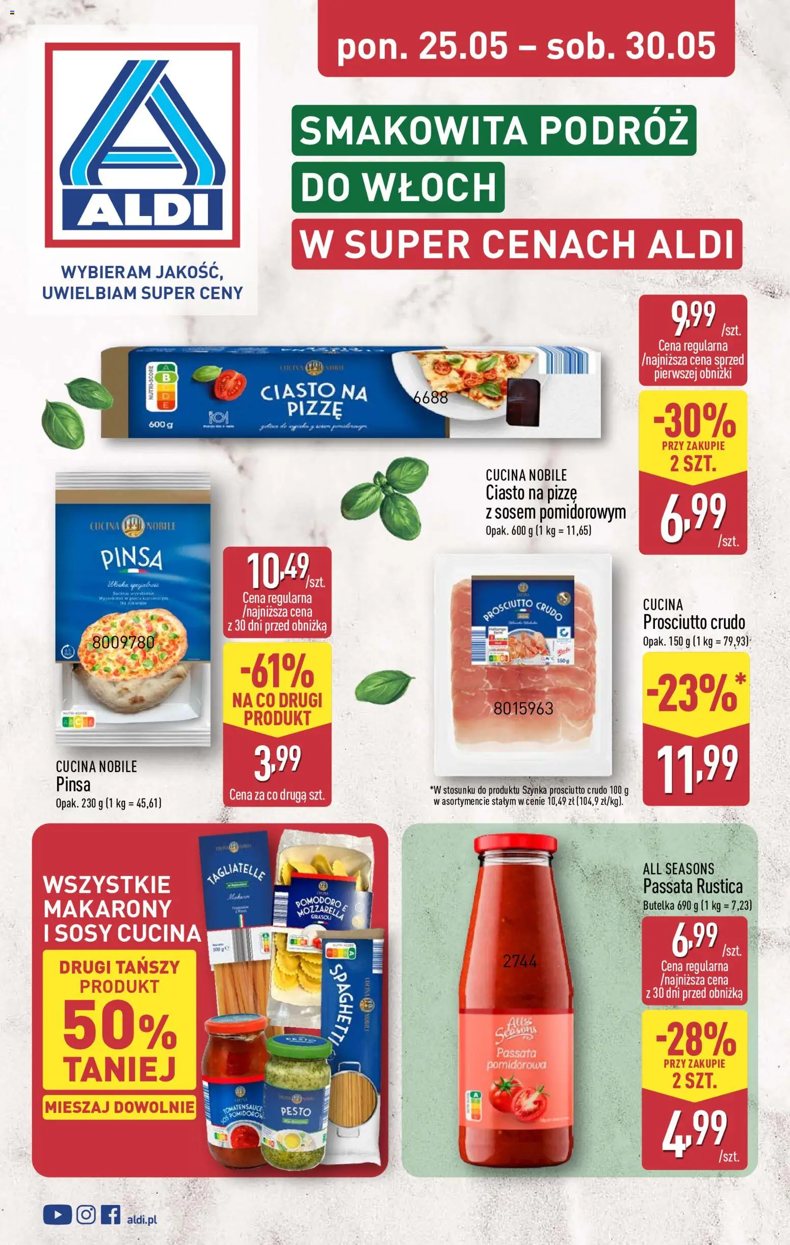 Aldi gazetka - Smakowita podróż do Włoch od 25.05.2026 | Strona: 1 | Produkty: Szynka, Passata pomidorowa, Prosciutto, Mozzarella
