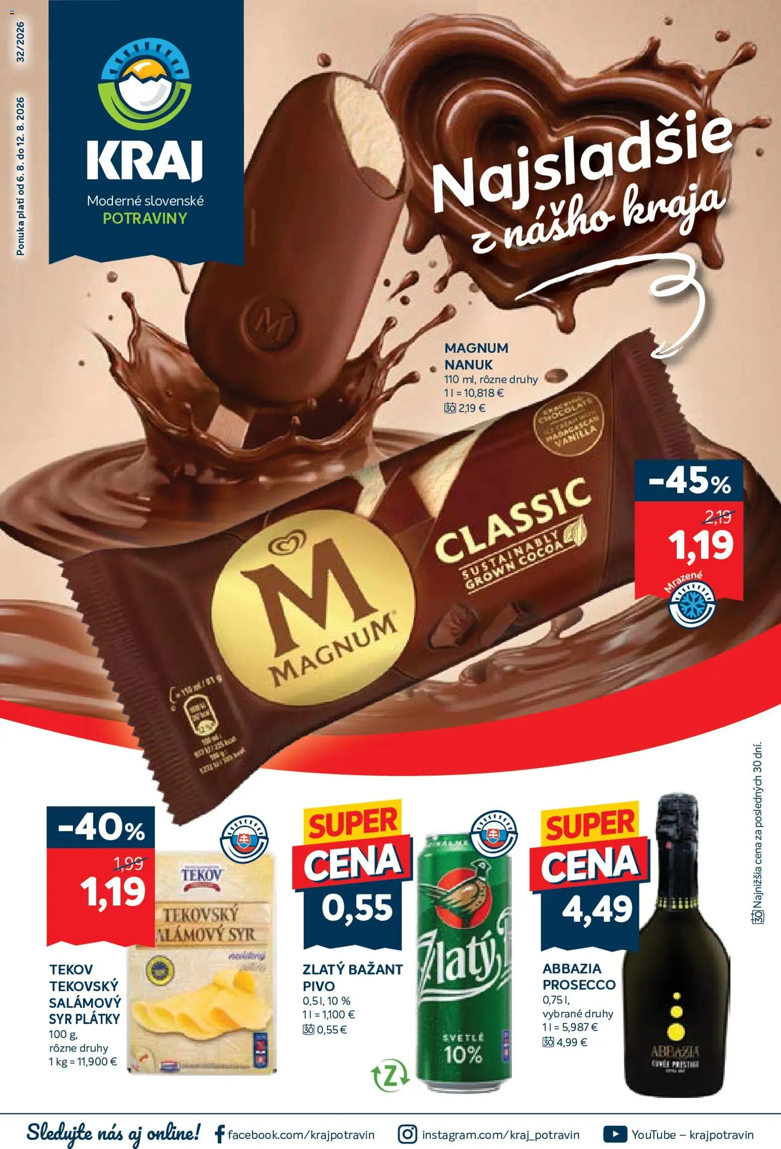 Nové Kraj akcie – leták je platný od 06.08.2026 | Strana: 1 | Produkty: Pivo, Syr, Zlatý Bažant, Magnum