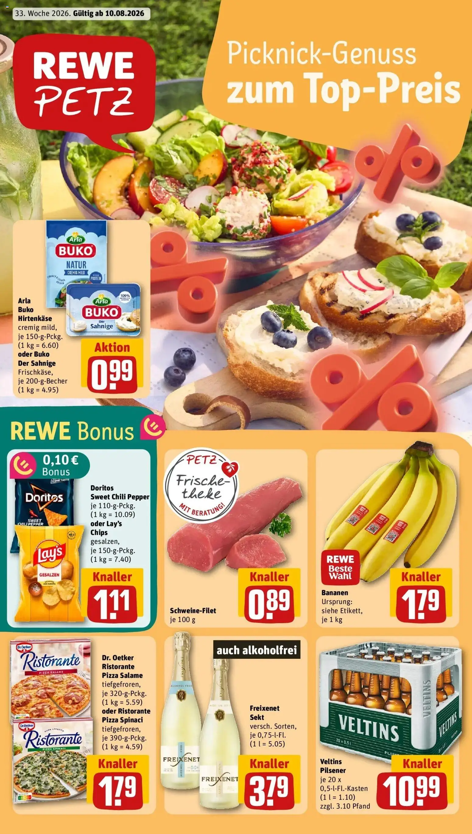 REWE Prospekt ab 10.08.2026 zum Blättern » Angebote | Seite: 1 | Produkte: Freixenet, Bananen, Arla buko, Chips