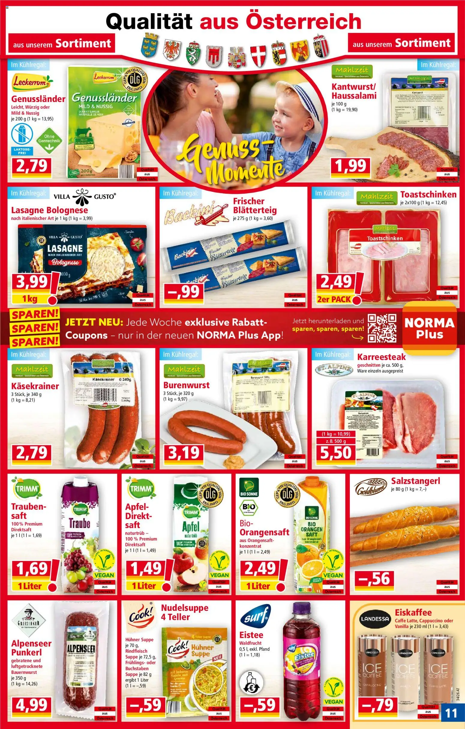 Norma Flugblatt gültig ab 17.08.2026 | Seite: 11 | Produkte: Eiskaffee, Saft, Orangen, Rindfleisch