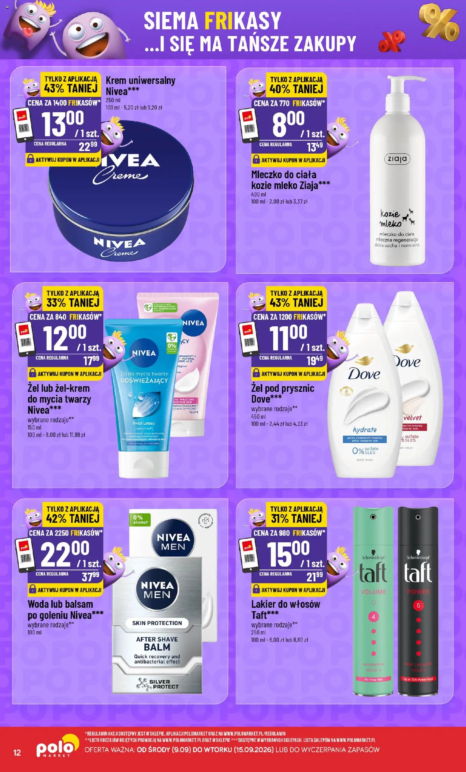 Nowa POLOmarket gazetka od jutra 09.09.2026 | Strona: 12 | Produkty: Żel do mycia twarzy, Prysznic, Mleko, Lakier do włosów