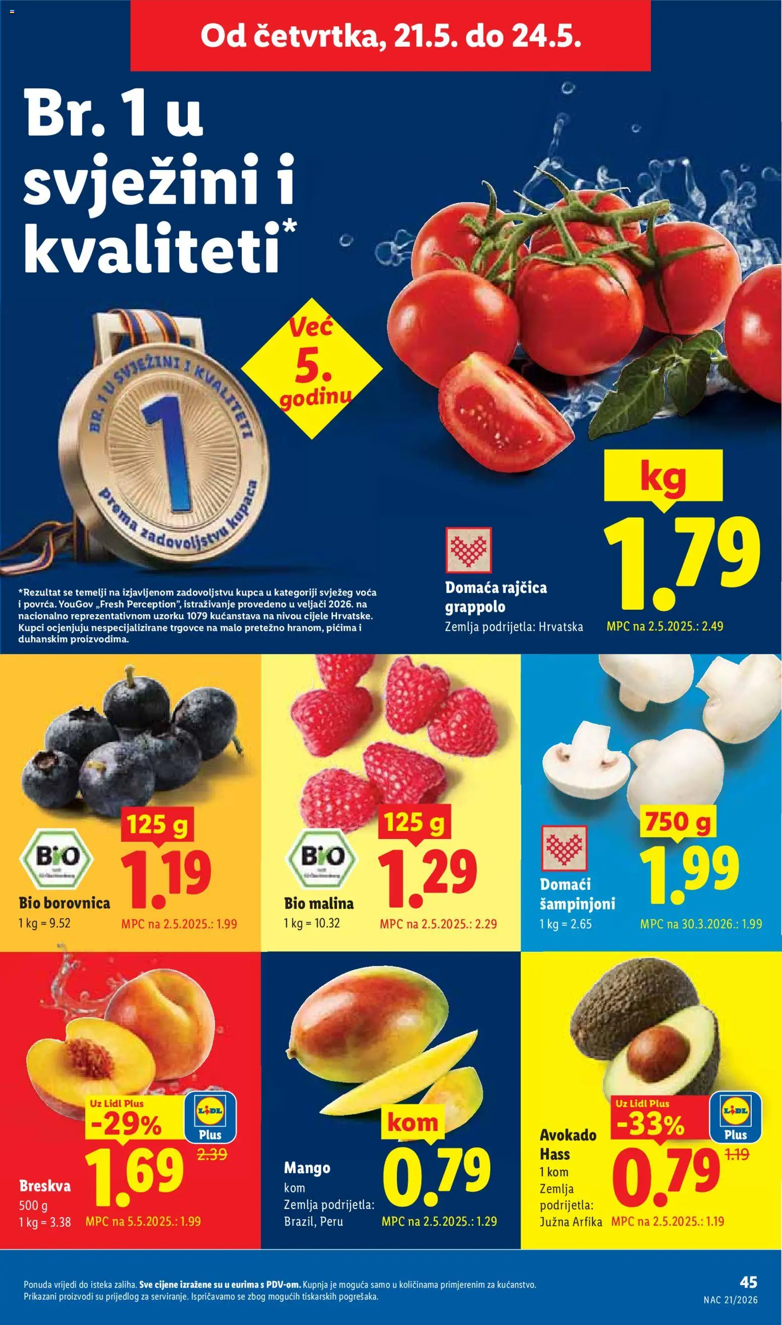 Lidl katalog | vrijedi od 18.05.2026 | Stranica: 45 | Proizvodi: Šampinjoni, Avokado, Borovnica, Rajčica