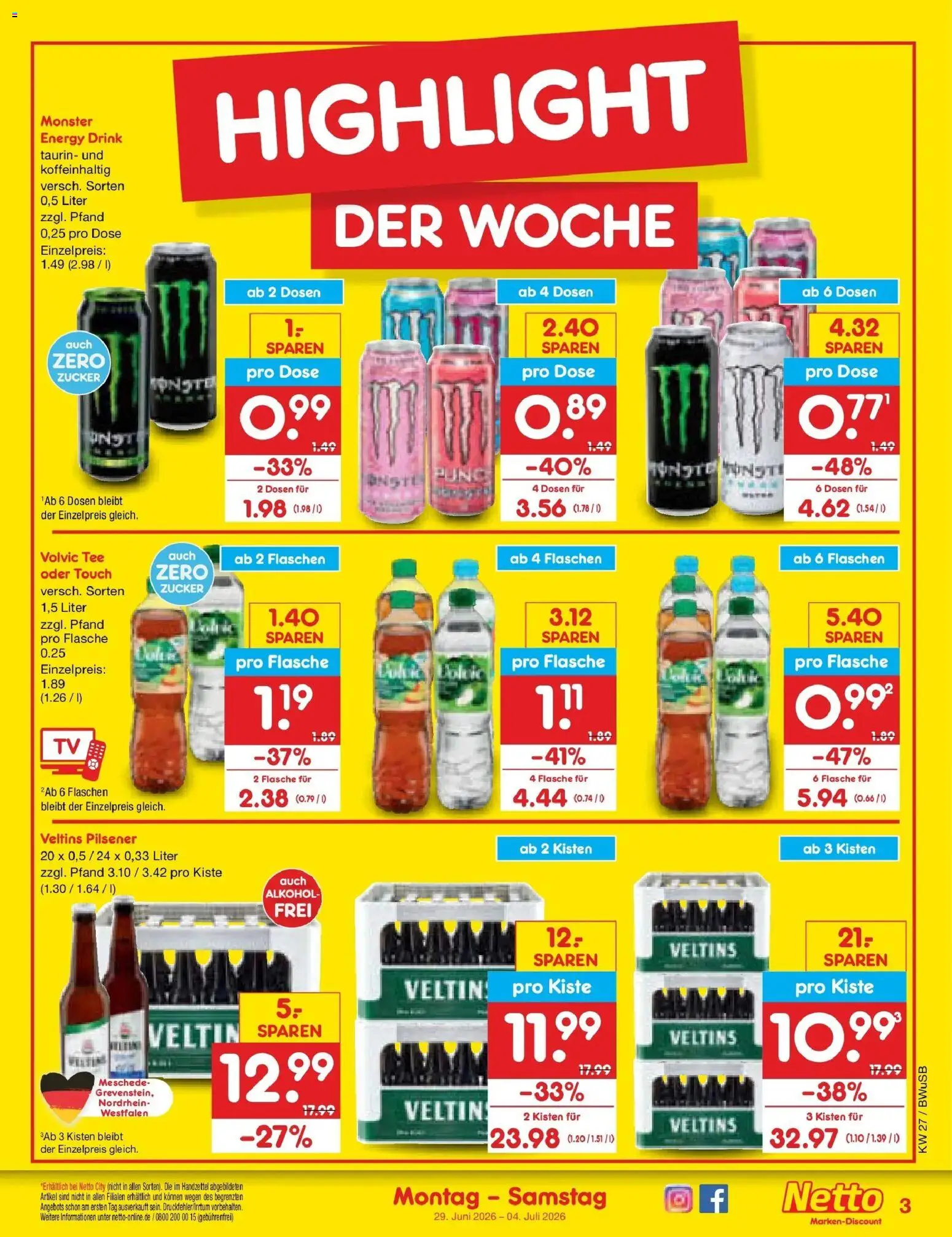 Netto Marken-Discount Prospekt Stemwede-Dielingen – gültig ab 29.06.2026 | Seite: 3 | Produkte: Monster, Zucker, Tee, Veltins