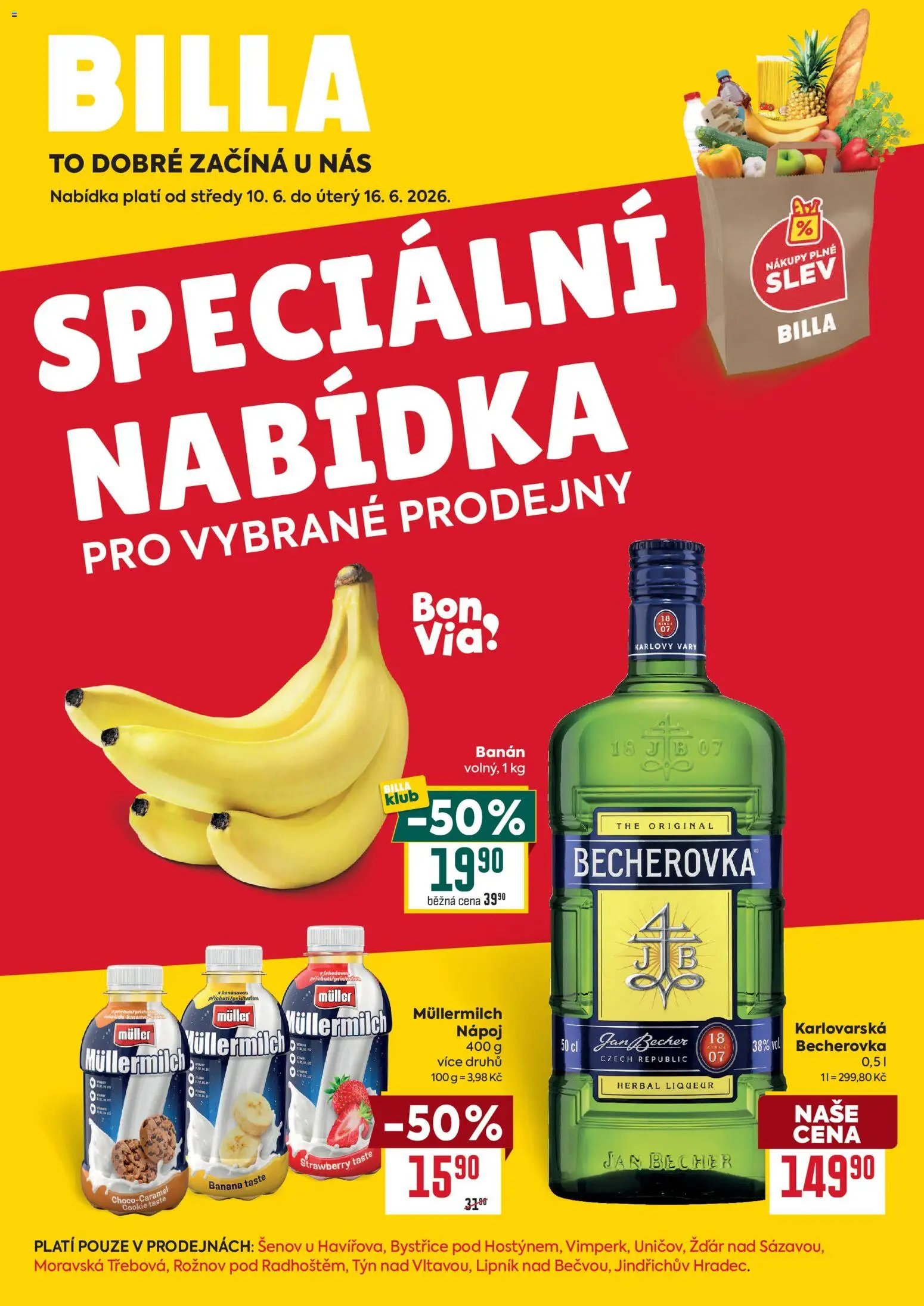 Billa leták - Speciální nabídka od 10.06.2026 | Strana: 1 | Produkty: Banán, Becherovka, Müllermilch