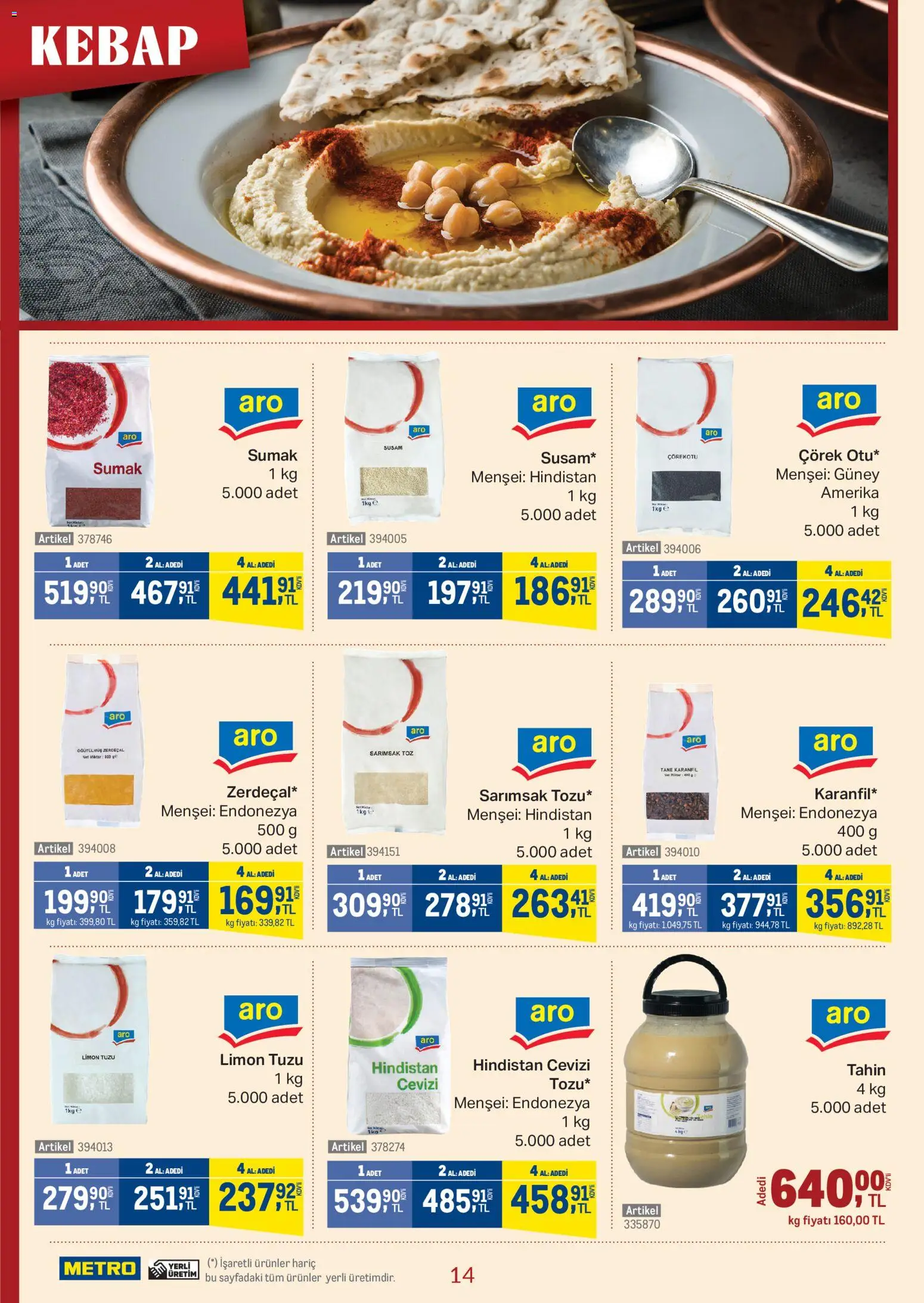 Metro - Kebap - 05 Ağustos 2026 tarihinden itibaren geçerlidir | Sayfa: 14 | Ürünler: Hindistan Cevizi, Limon, Sarımsak, Zerdeçal