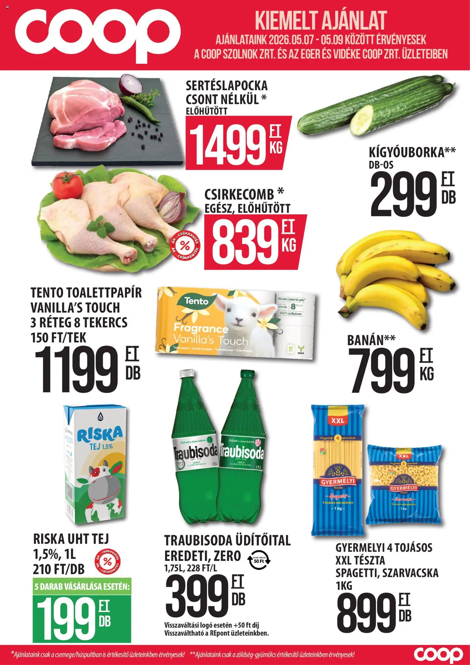 COOP Szolnok akciós ujság - amely érvényes a következő dátumtól: 07.05.2026 | Oldal: 1 | Termékek: Spagetti, Kígyóuborka, Sertéslapocka, Száraztészta