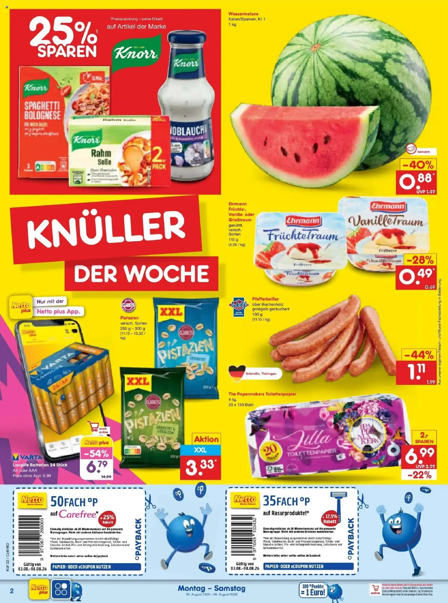 Netto Marken-Discount Prospekt Weimar – gültig ab 03.08.2026 | Seite: 2 | Produkte: Batterien, Knorr, Wassermelone, Toilettenpapier