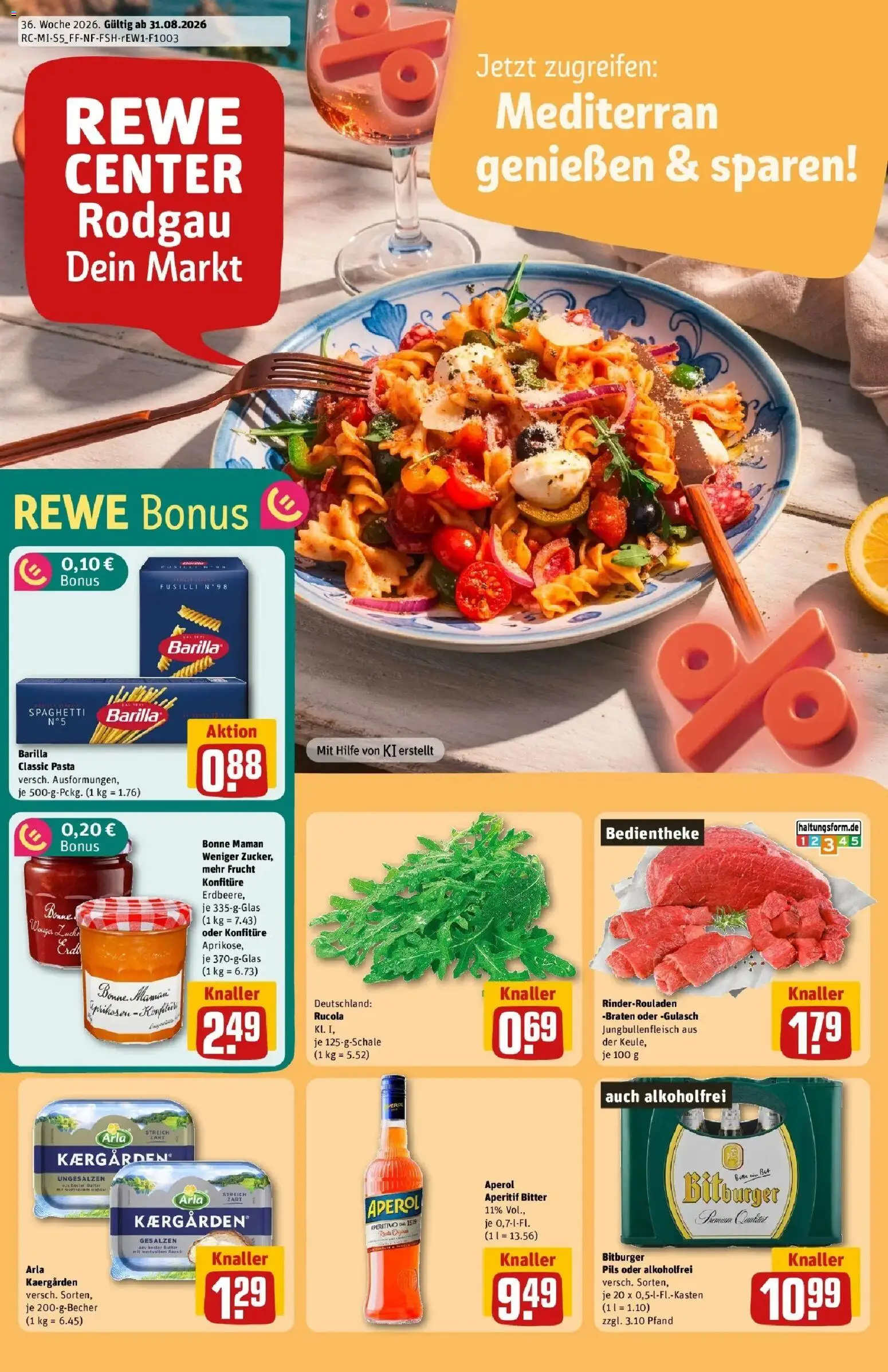 REWE Prospekt ab 31.08.2026 zum Blättern » Angebote | Seite: 1 | Produkte: Bitburger, Gulasch, Aperol, Bonne maman
