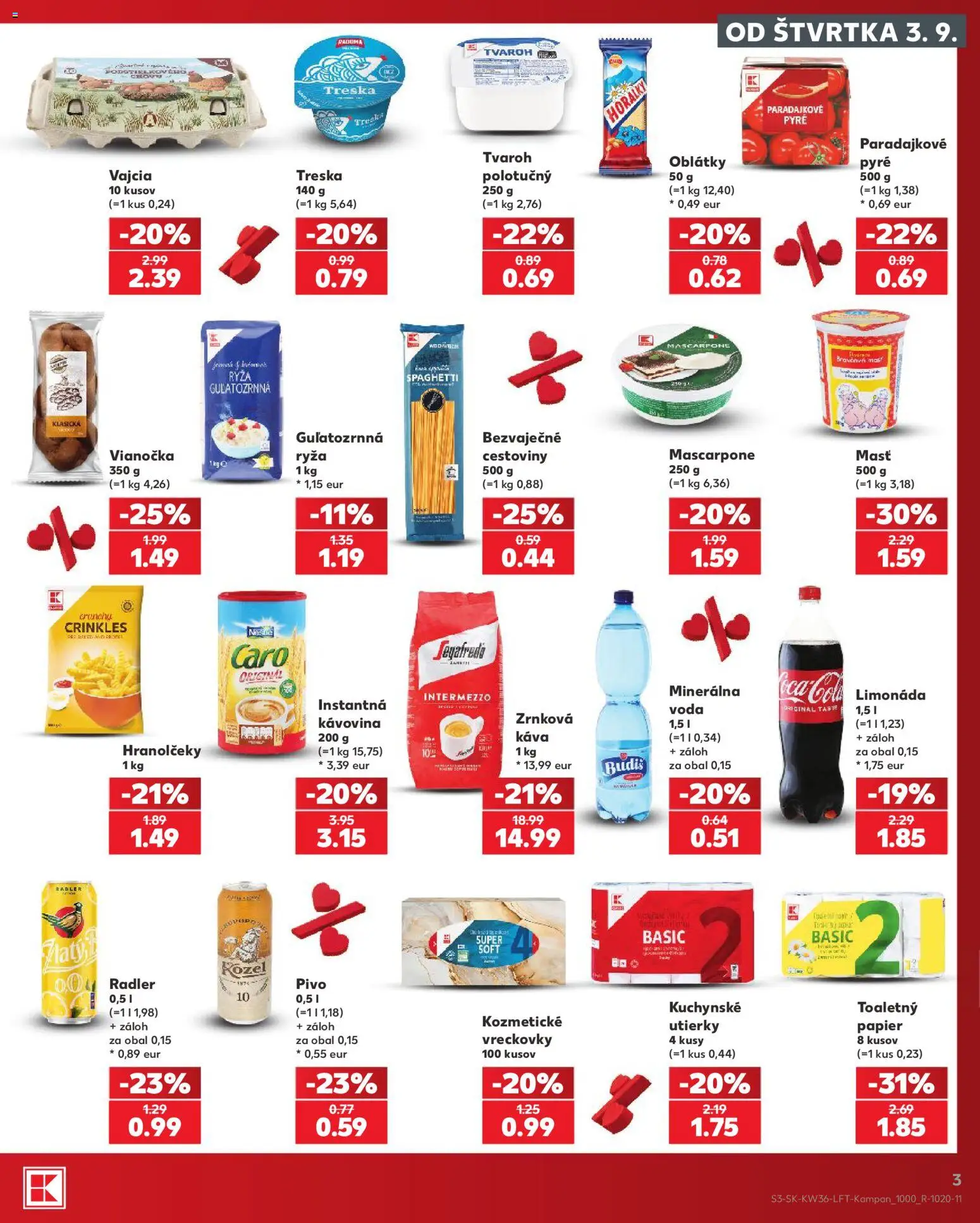 Nové Kaufland akcie – leták je platný od 03.09.2026 | Strana: 3 | Produkty: Vajcia, Ryža, Utierky, Horálky