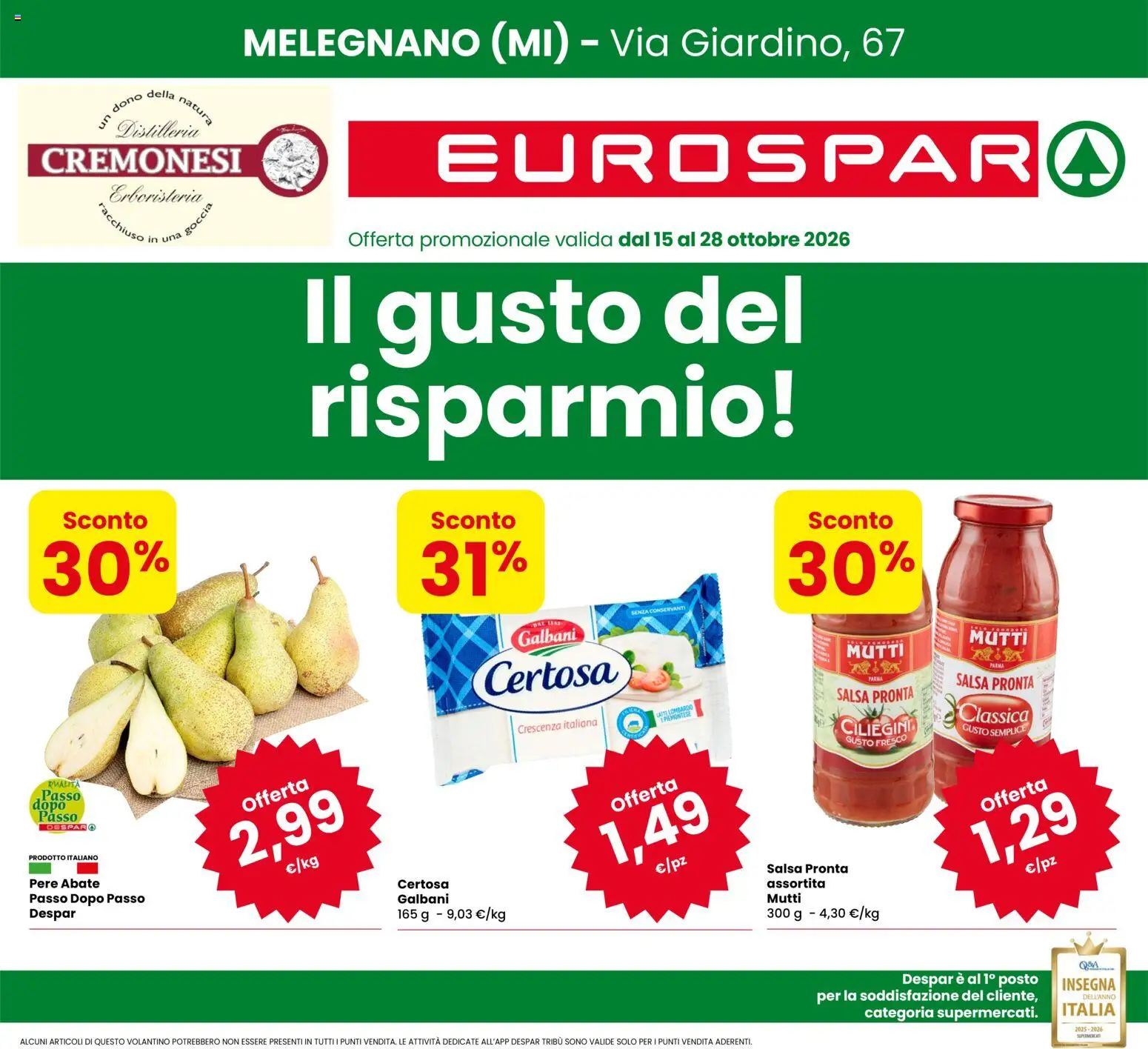 Volantino Eurospar del 15/10/2026 | Pagina: 1 | Prodotti: Pere, Salsa, Mutti, Crescenza