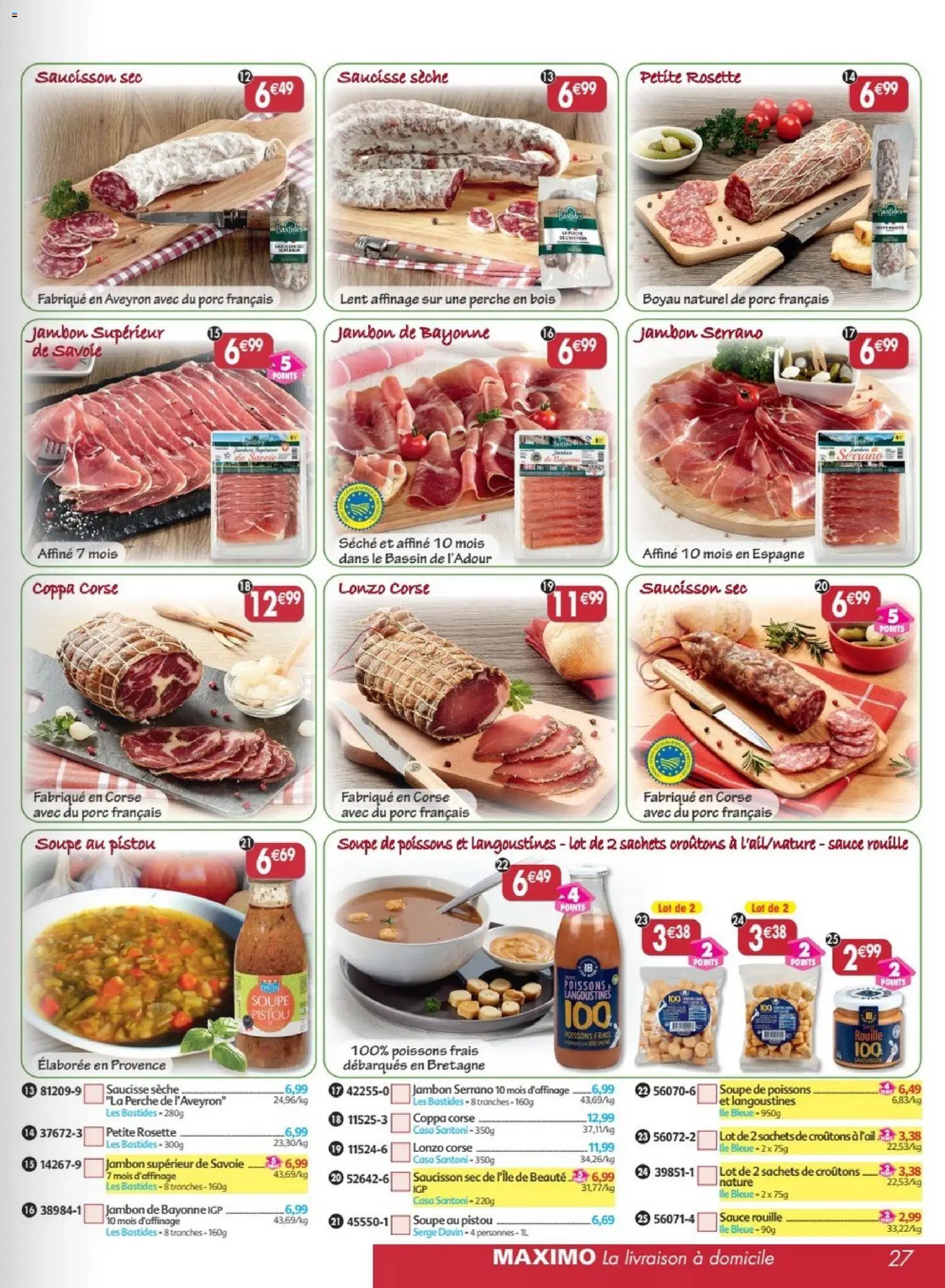 {H1} | Page: 27 | Produits: Saucisson, Saucisson sec, Soupe de poissons, Jambon de Bayonne igp