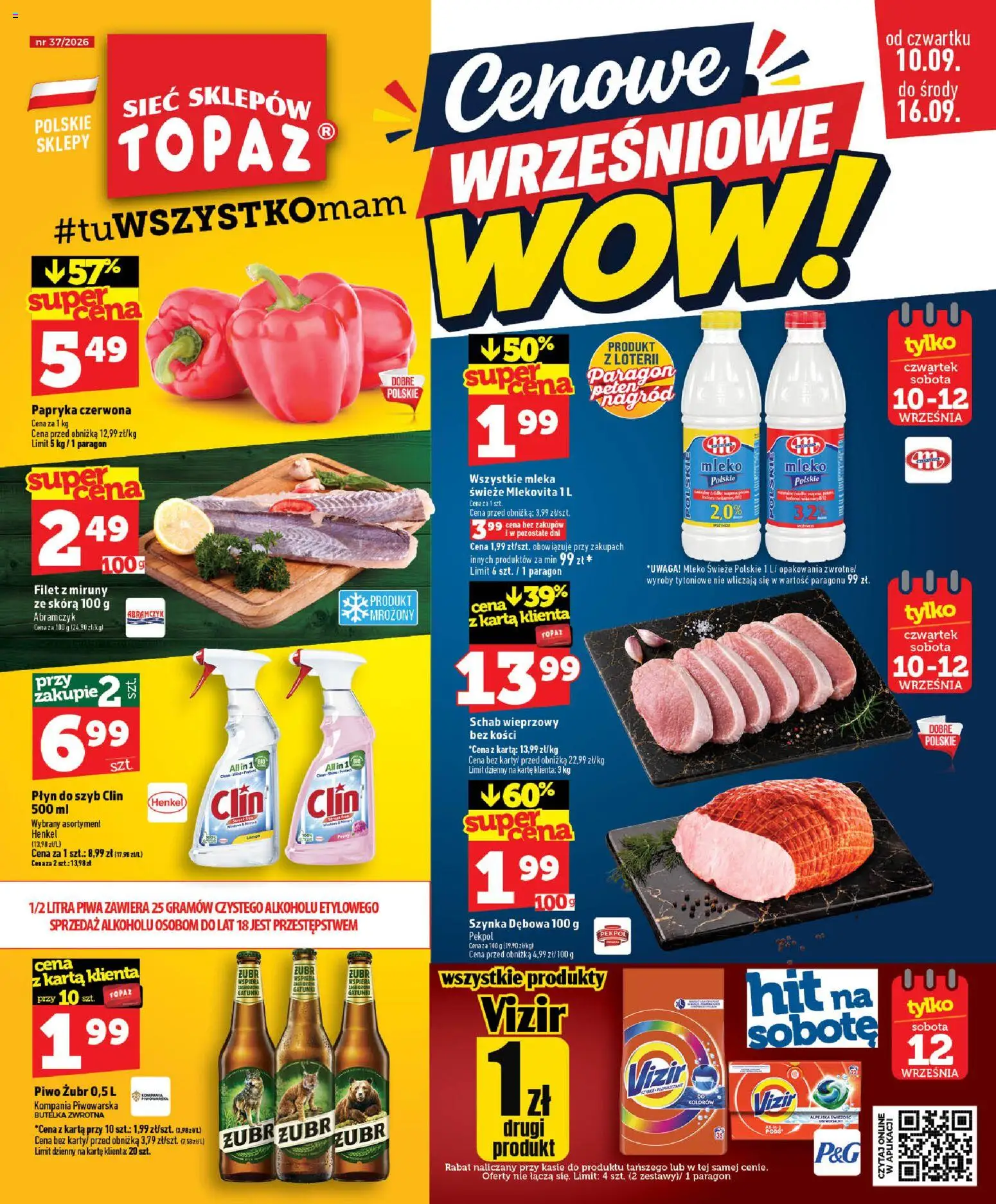 Topaz gazetka - MAZ od 10.09.2026 | Strona: 1 | Produkty: Piwo żubr, Karta, Papryka, Filet