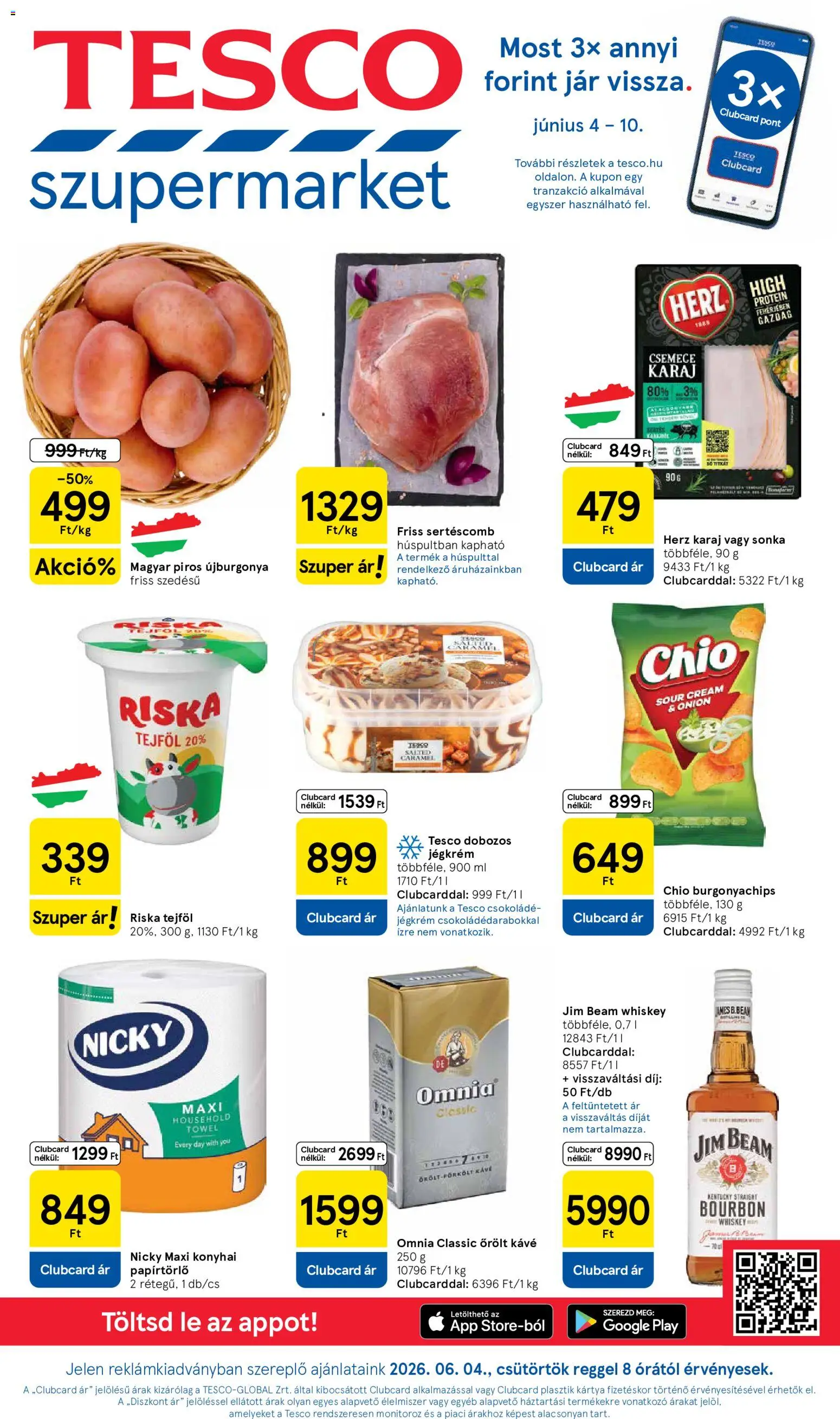 Tesco akciós ujság - amely érvényes a következő dátumtól: 04.06.2026 | Oldal: 1 | Termékek: Sertéscomb, Sonka, Kávé, Őrölt kávé