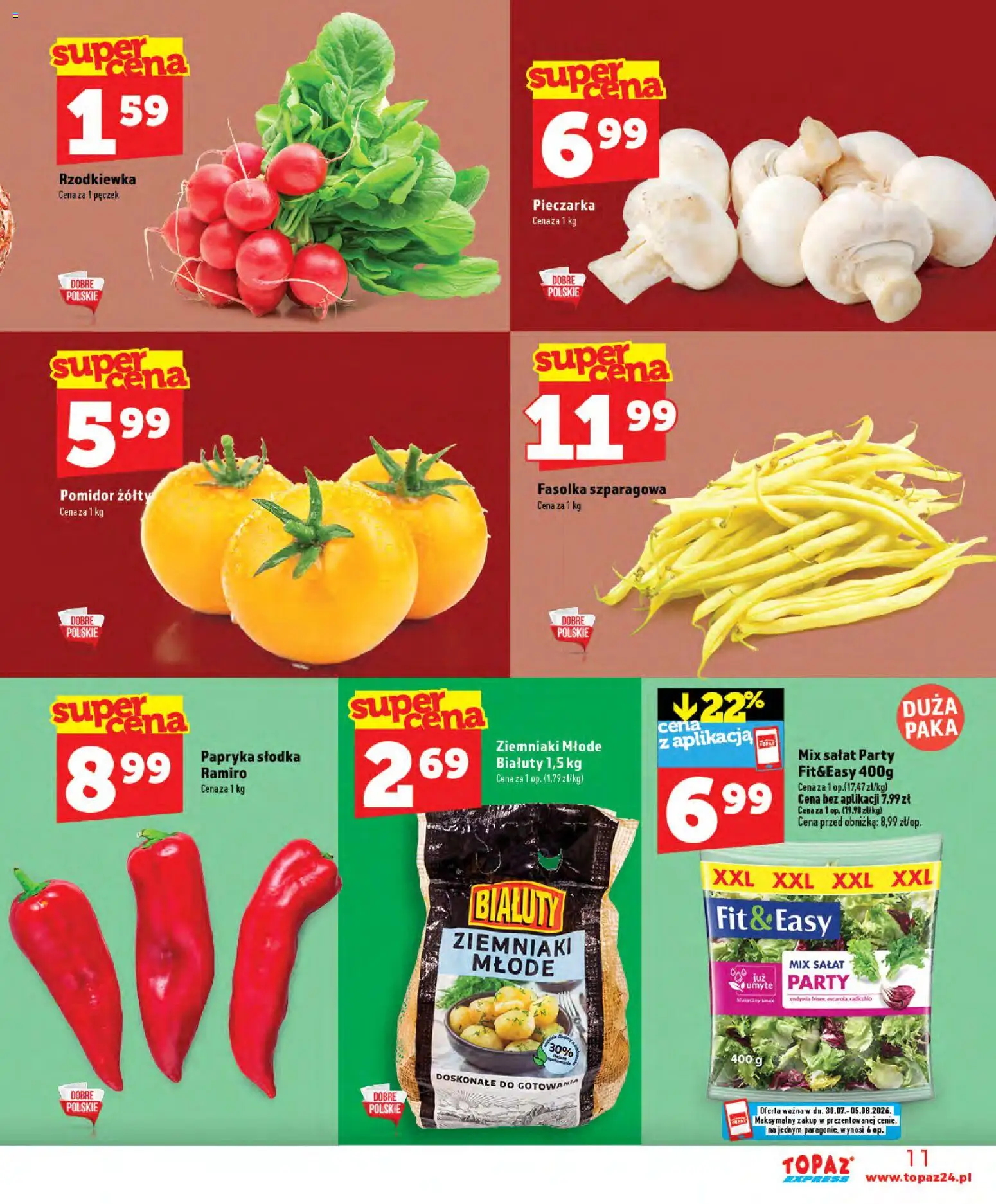 Topaz gazetka - Express od 30.07.2026 | Strona: 11 | Produkty: Papryka, Mix sałat, Fasolka szparagowa, Ziemniaki