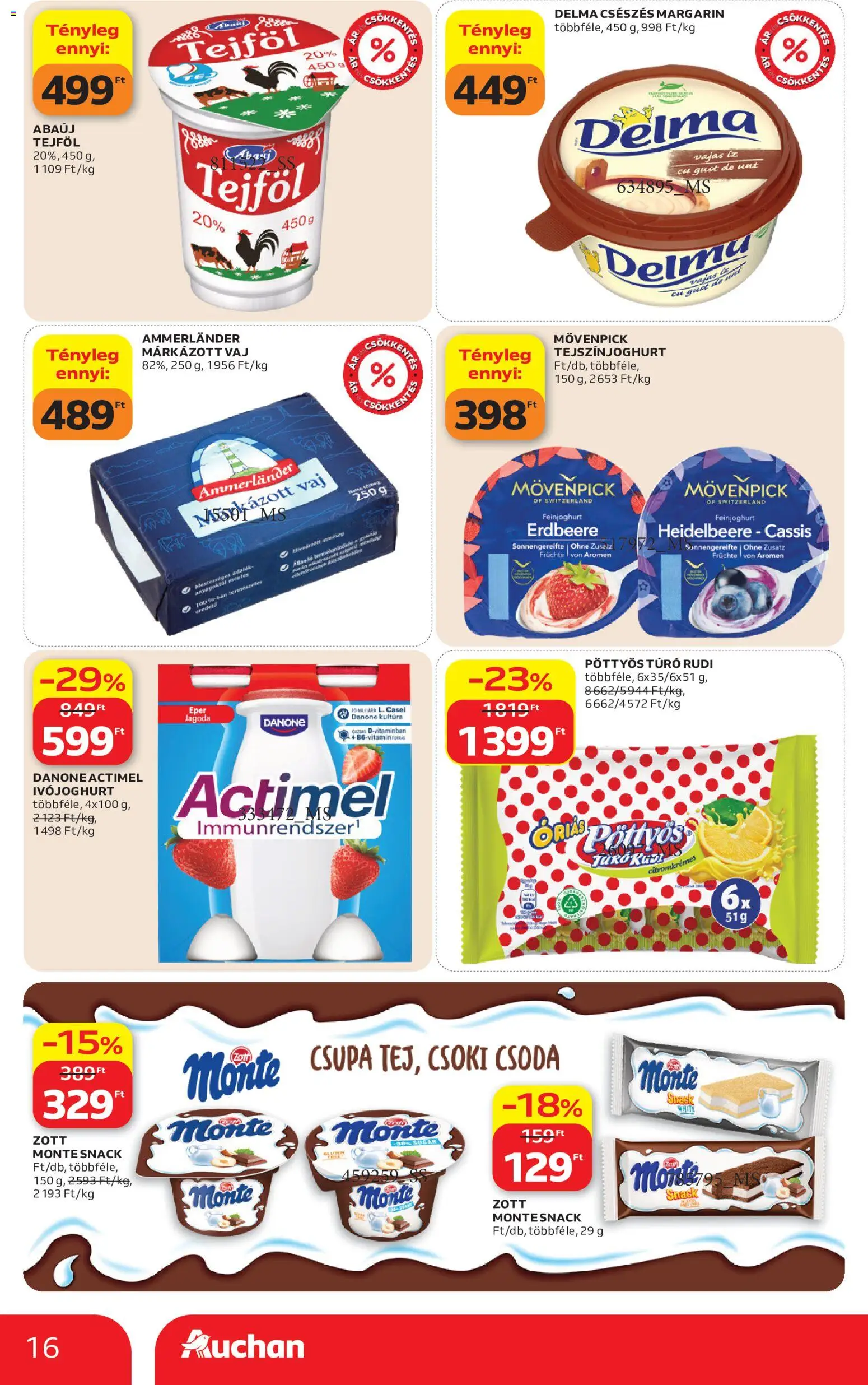 Auchan akciós ujság - amely érvényes a következő dátumtól: 2026.08.13. | Oldal: 16 | Termékek: Actimel, Túró rudi, Pöttyös, Csoki