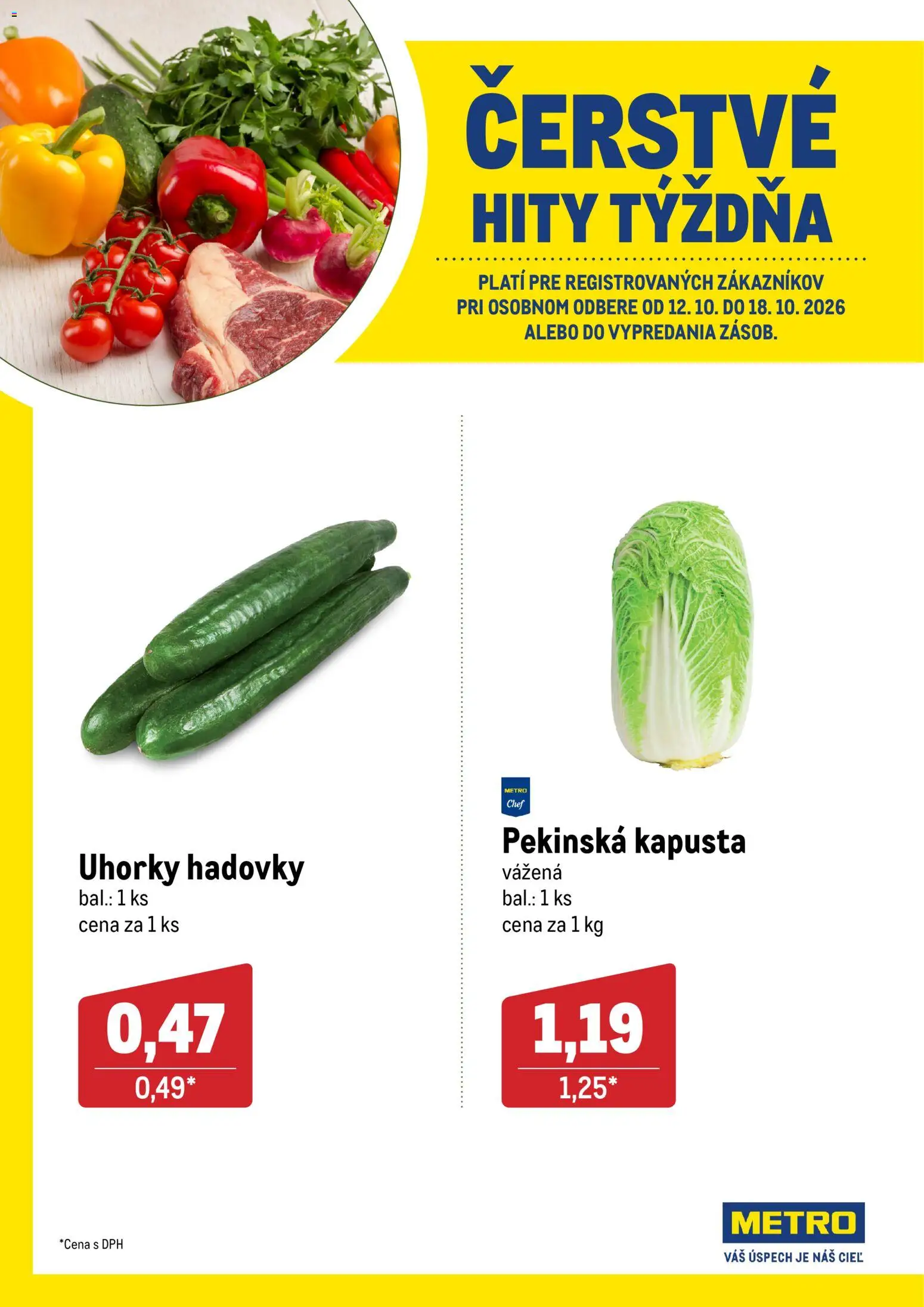 Nové Metro akcie – leták je platný od 12.10.2026 | Strana: 1 | Produkty: Kapusta, Uhorky, Pekinská kapusta