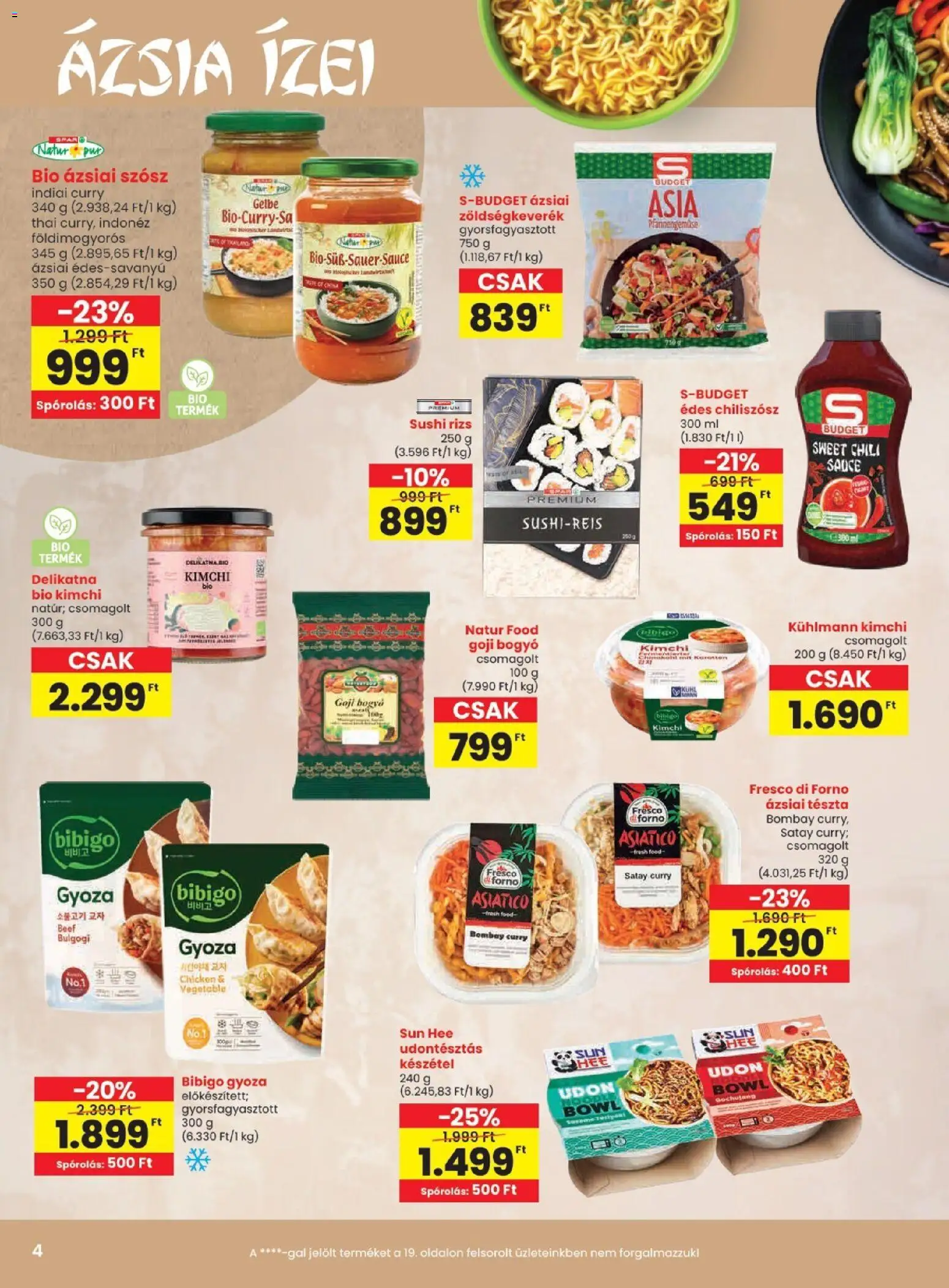Spar akciós ujság - amely érvényes a következő dátumtól: 2026.07.09. | Oldal: 4 | Termékek: Zöldségkeverék, Chiliszósz, Rizs, Tészta
