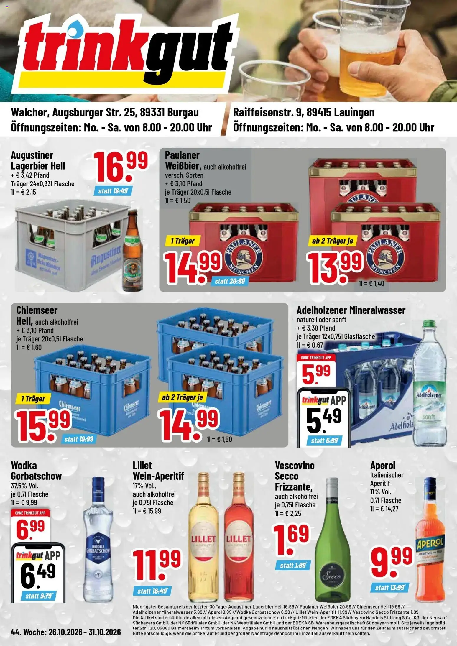 Trinkgut Prospekt Lauingen (ab 26.10.2026) » Angebote online | Seite: 1 | Produkte: Mineralwasser, Wodka, Uhr, Paulaner