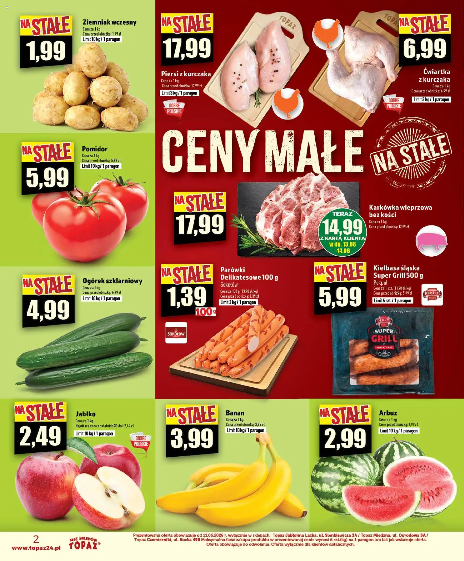 Topaz gazetka - MAZ od 13.08.2026 | Strona: 2 | Produkty: Arbuz, Karkówka wieprzowa, Pomidor, Parówki