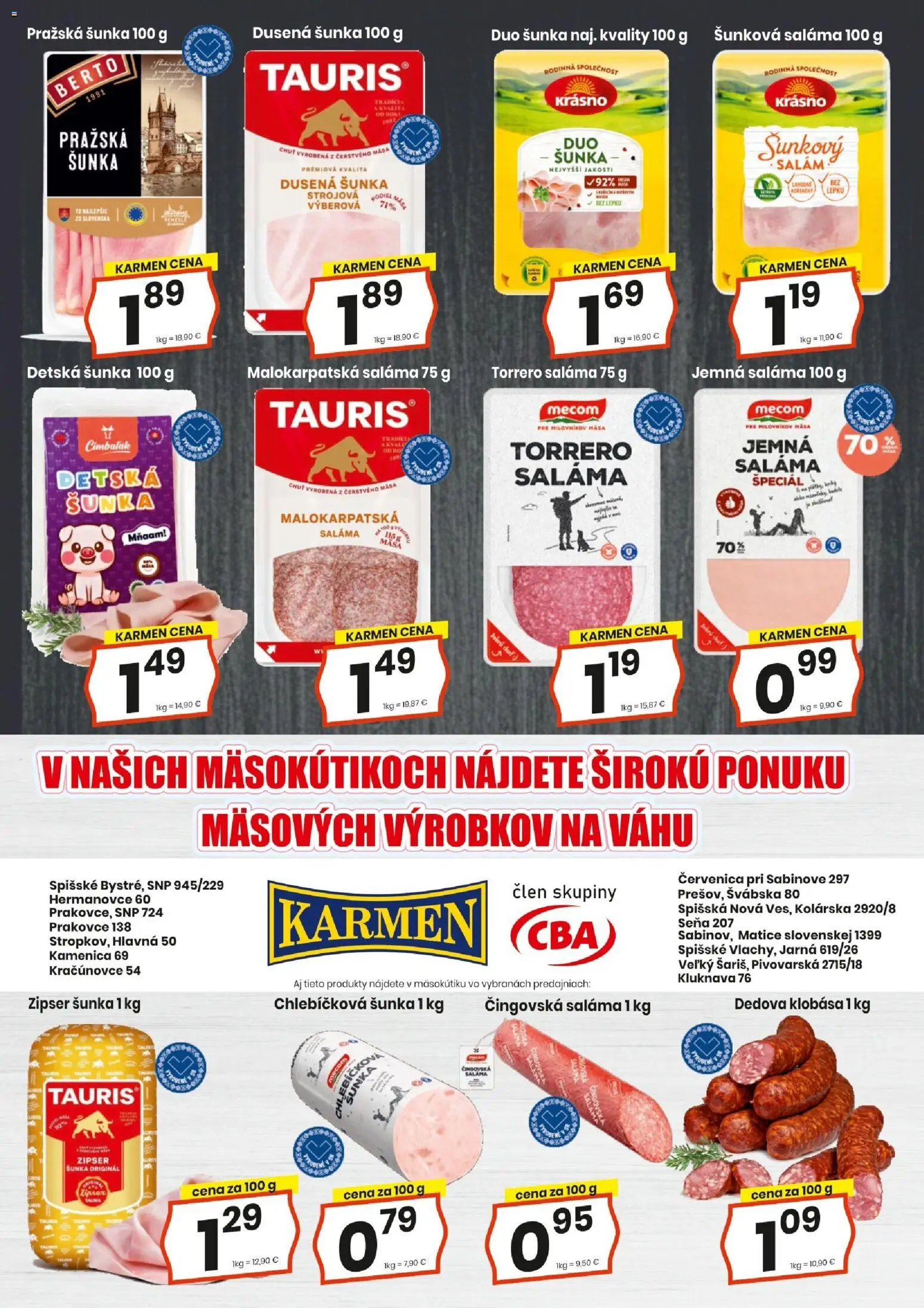 Nové KARMEN CBA akcie – leták je platný od 20.08.2026 | Strana: 4 | Produkty: Saláma, Šunka, Klobása