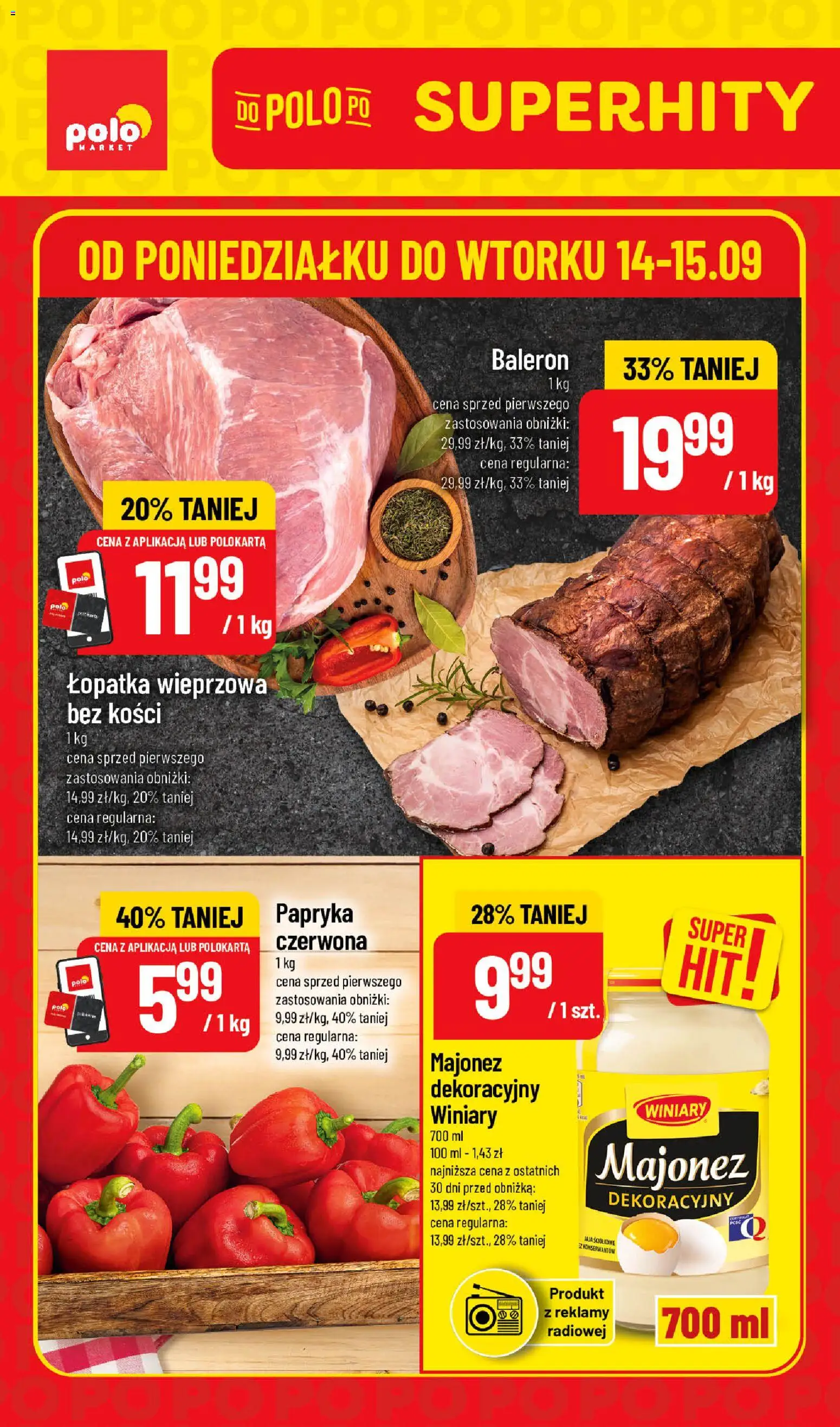 Nowa POLOmarket gazetka od jutra 14.09.2026 | Strona: 1 | Produkty: Łopatka wieprzowa bez kości, Papryka, Łopatka wieprzowa, Jaja
