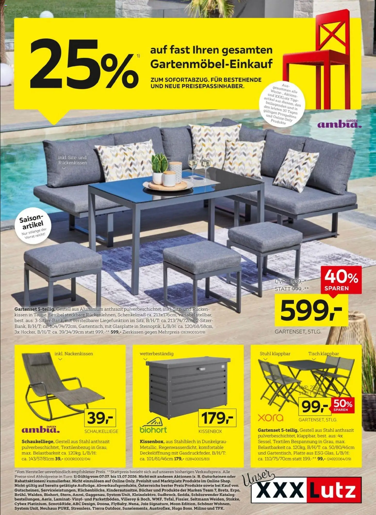 XXXLutz - Gartenmöbel gültig ab 07.07.2026 | Seite: 1 | Produkte: Kissen, Tisch, Stuhl