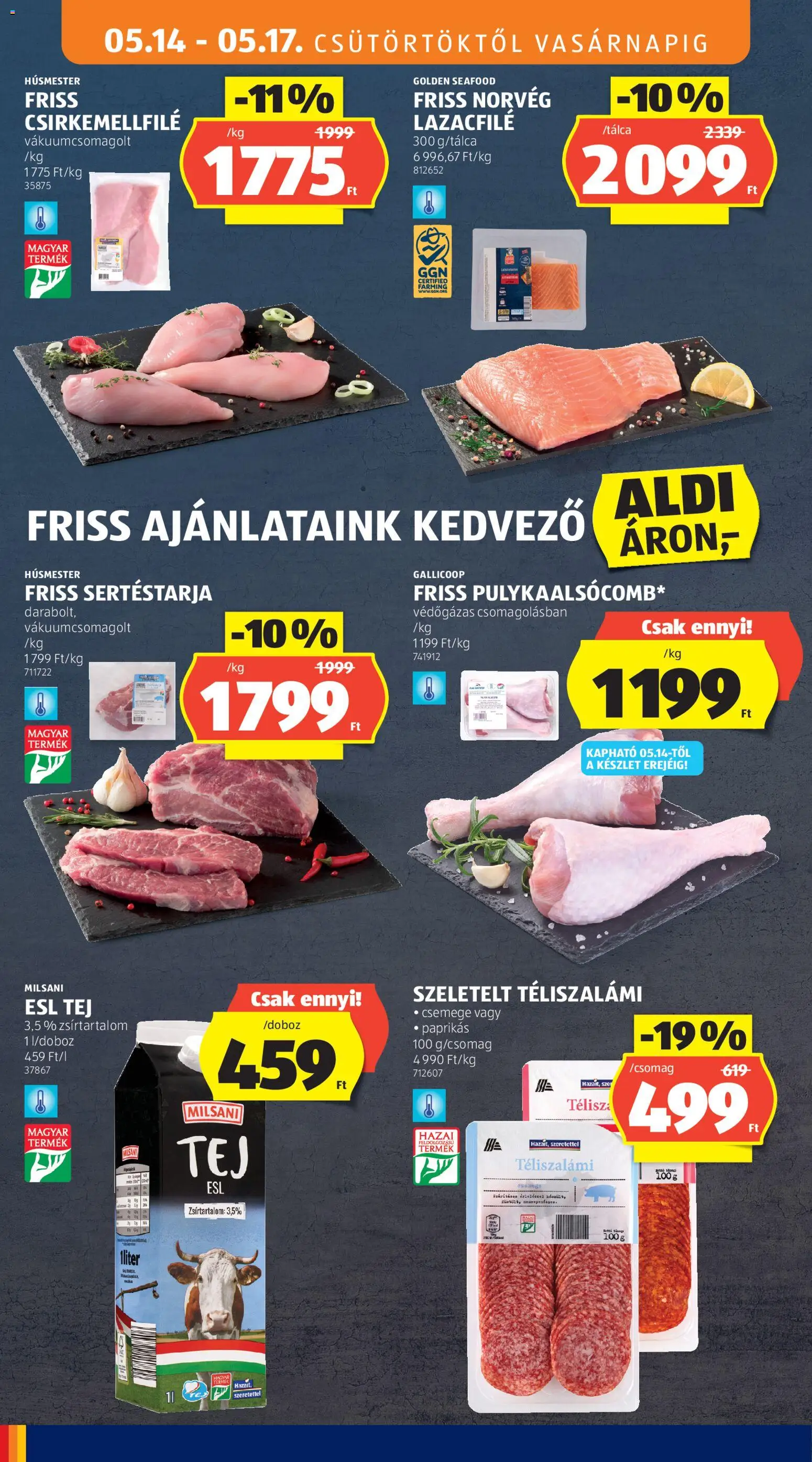 Aldi akciós ujság - amely érvényes a következő dátumtól: 14.05.2026 | Oldal: 8 | Termékek: Sertéstarja, Lazacfilé, Tej, Téliszalámi