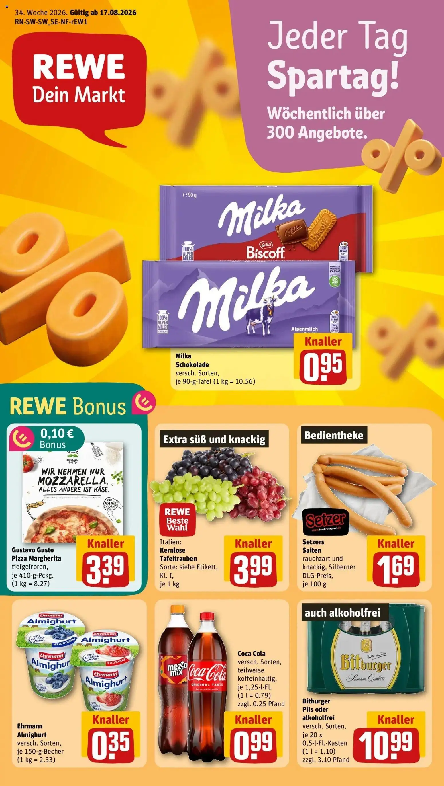REWE Prospekt ab 17.08.2026 zum Blättern » Angebote | Seite: 1 | Produkte: Coca cola, Ehrmann almighurt, Cola, Schokolade