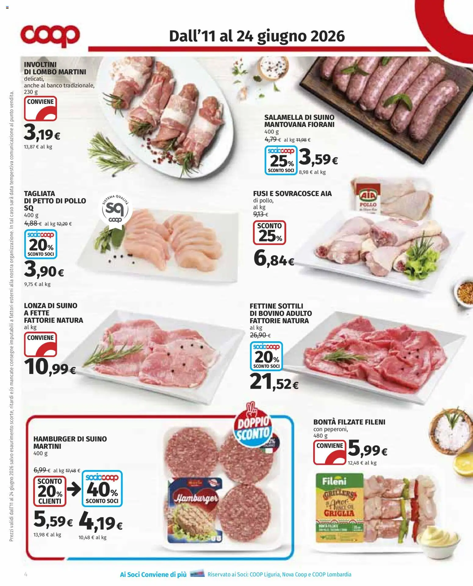Volantino COOP del 11.06.2026 | Pagina: 4 | Prodotti: Petto di Pollo, Salamella, Suino, Hamburger