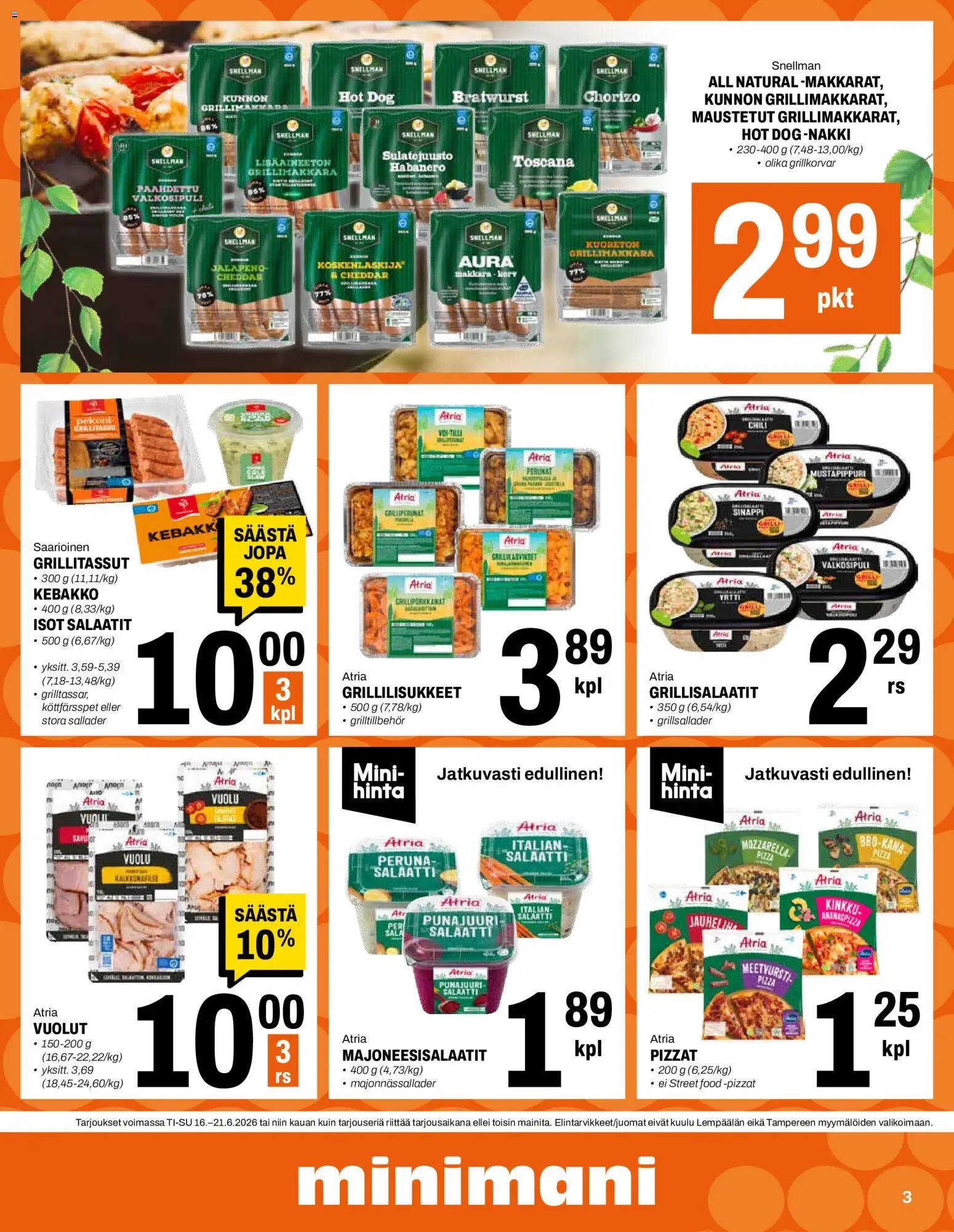 Minimani tarjoukset – voimassa 16.06.2026 alkaen | Sivu: 3 | Tuotteet: Cheddar, Peruna, Pizza, Punajuuri