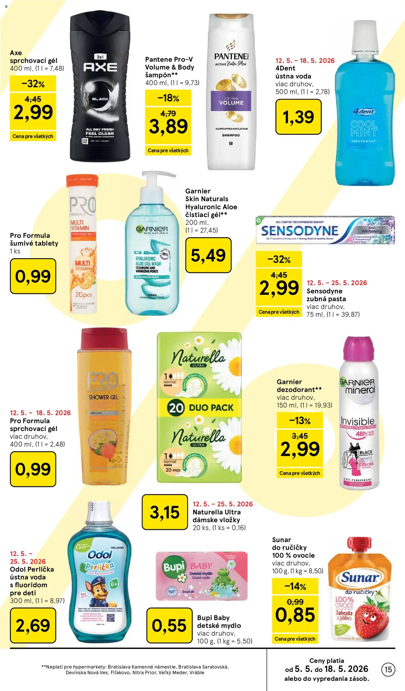 Nové Tesco akcie – leták je platný od 13.05.2026 | Strana: 15 | Produkty: Sunar, Zubná pasta, Ústna voda, Ovocie