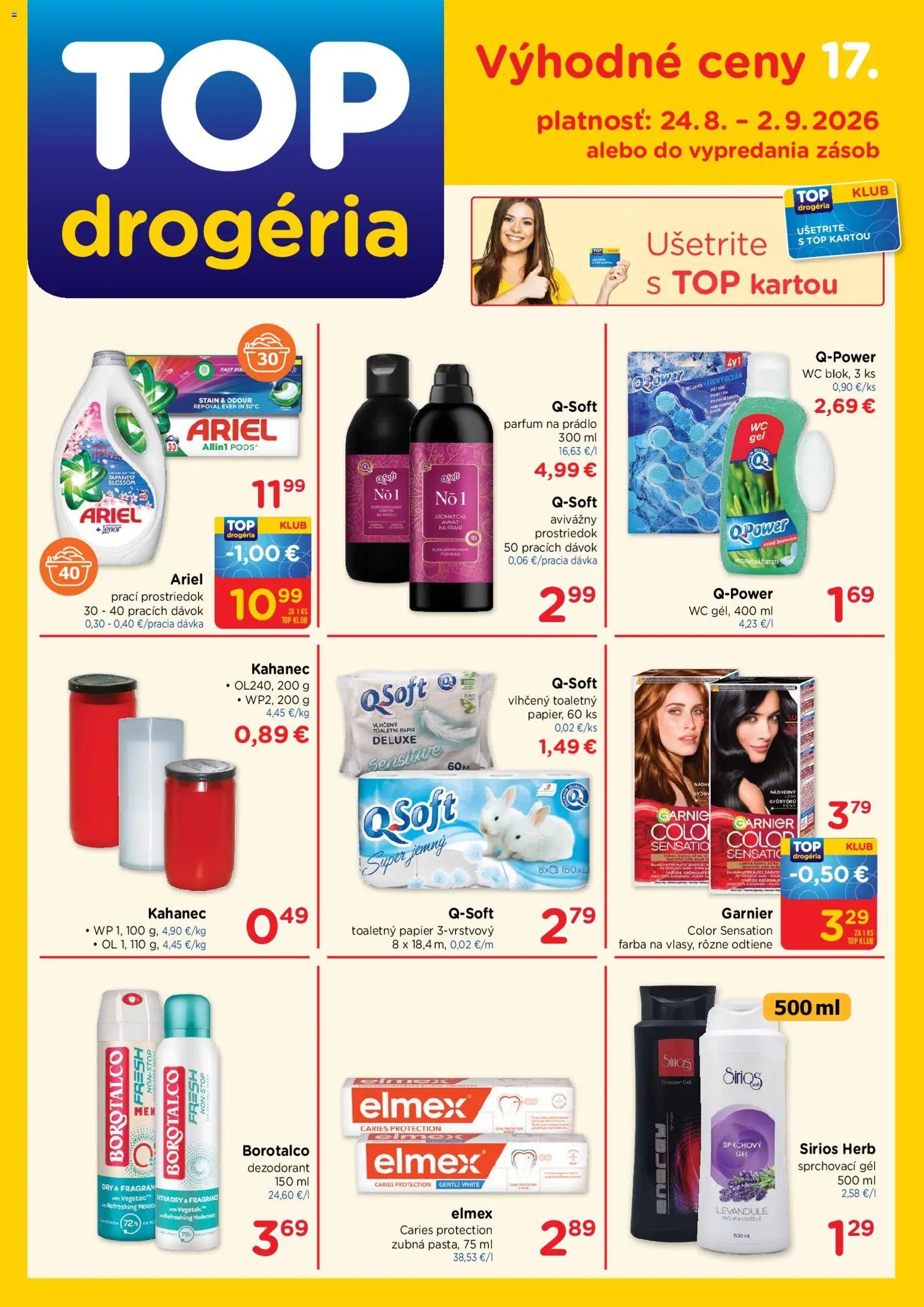 Nové TOP Drogéria akcie – leták je platný od 24.08.2026 | Strana: 1 | Produkty: Toaletný papier, Dezodorant, Toaletný papier 3vrstvový, Ariel
