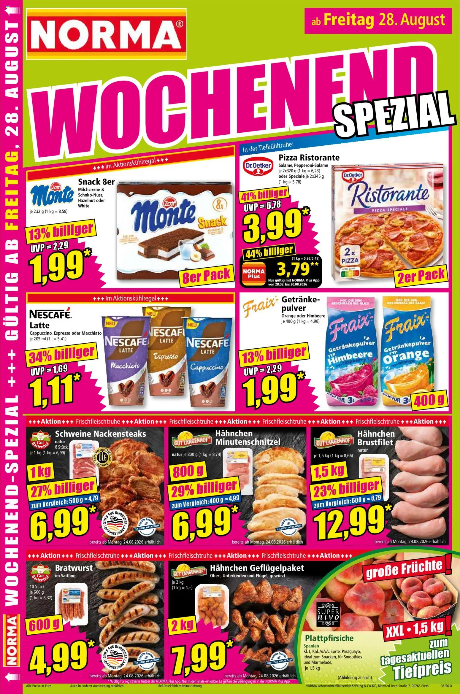 Norma Prospekt – gültig ab 24.08.2026 | Seite: 16 | Produkte: Nackensteaks, Nescafe, Himbeere, Pizza