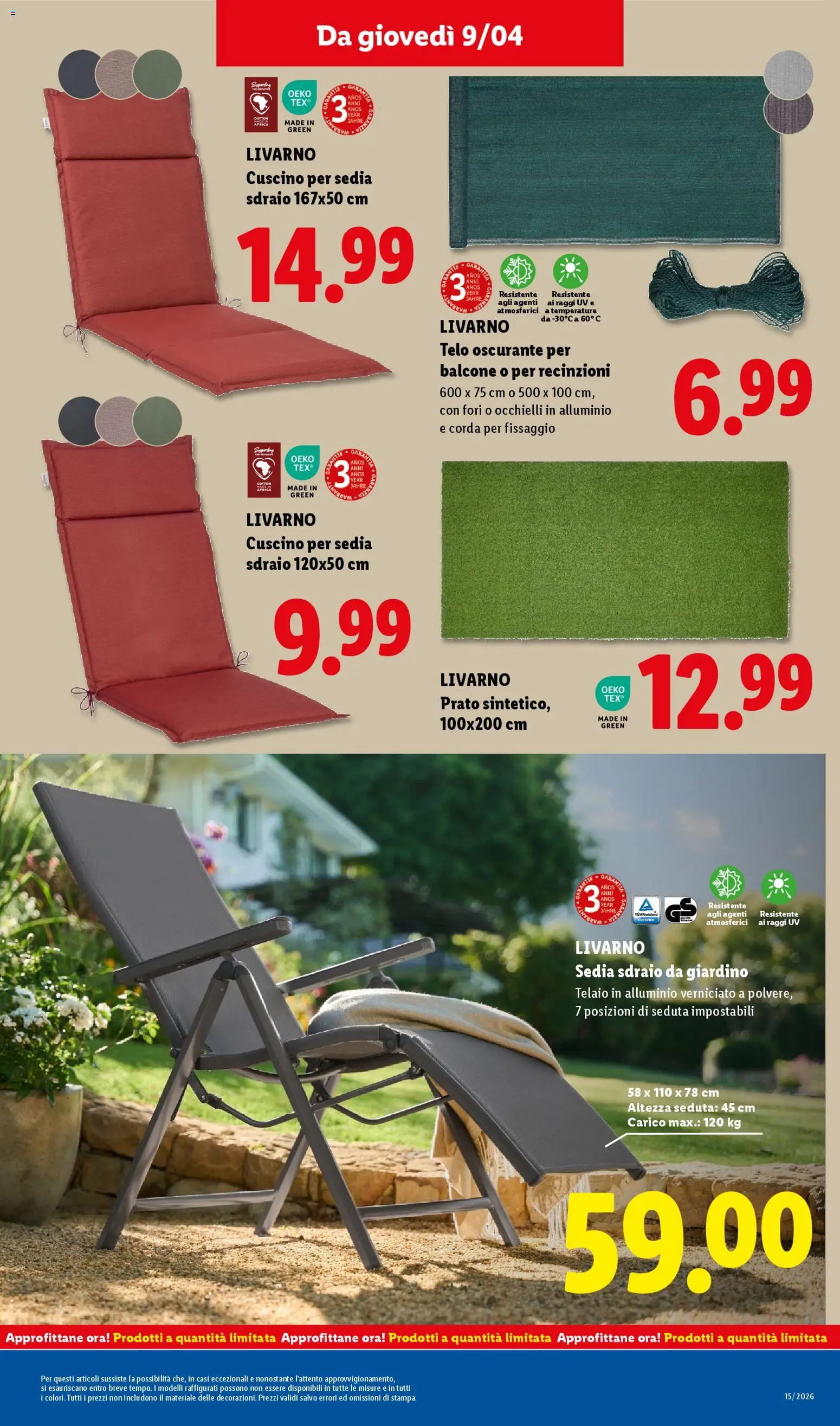 Volantino Lidl del 09.04.2026 | Pagina: 29 | Prodotti: Sedia sdraio, Alluminio, Cuscino, Sedia