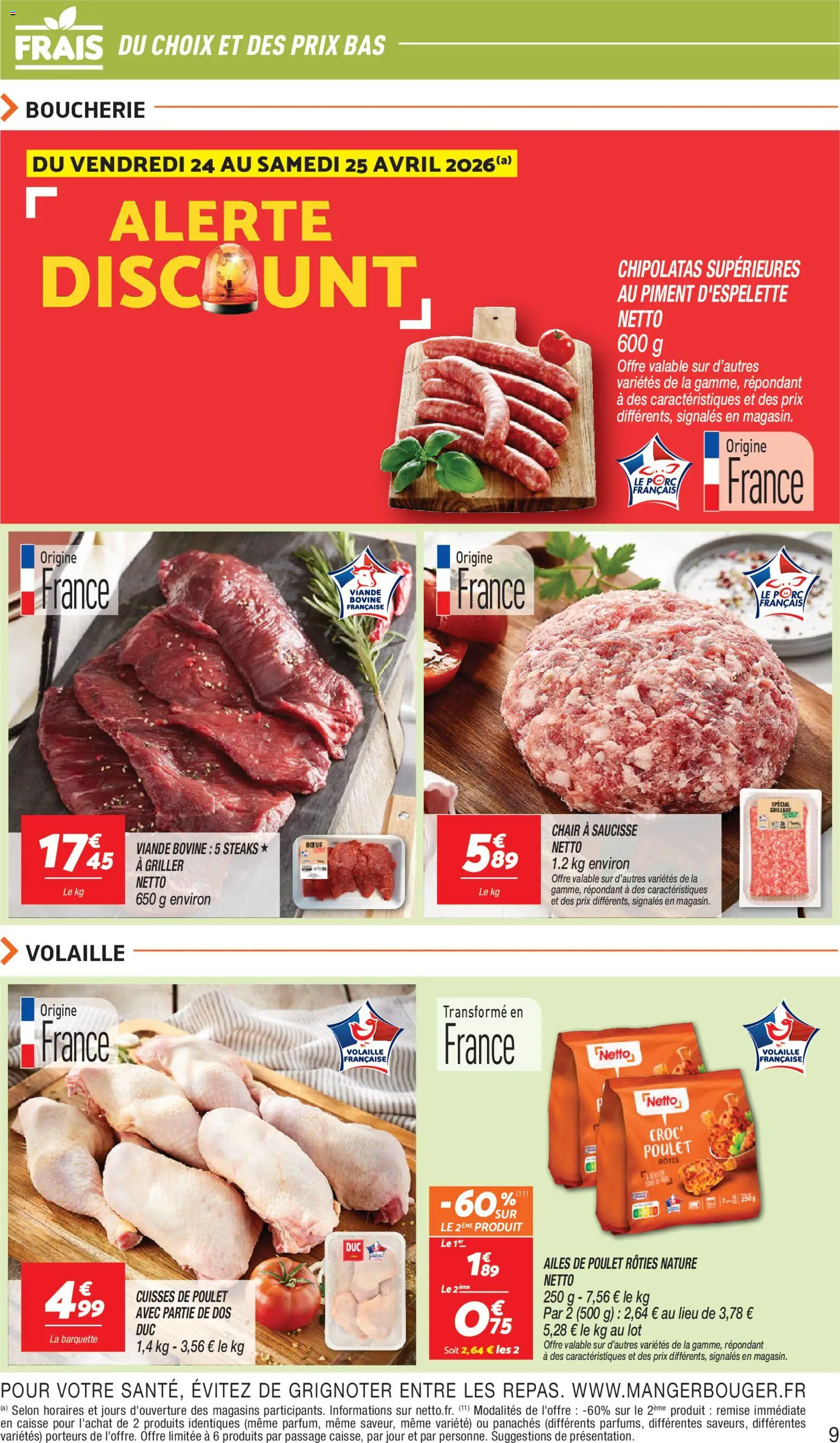 {H1} | Page: 9 | Produits: Cuisses de poulet, Saucisse, Viande, Porc