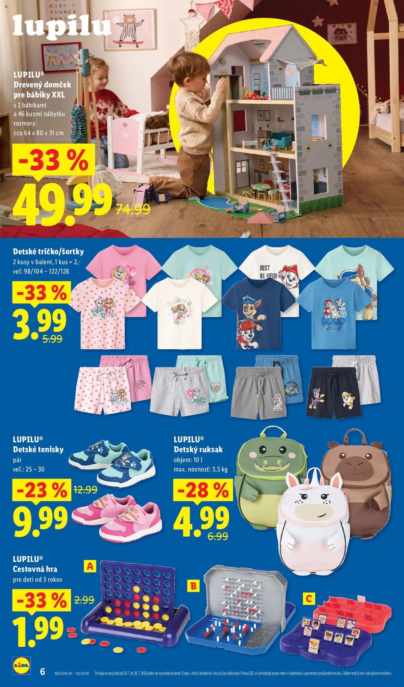 Nové Lidl akcie – leták je platný od 20.07.2026 | Strana: 6 | Produkty: Hra, Tenisky, Ruksak, Detské tenisky