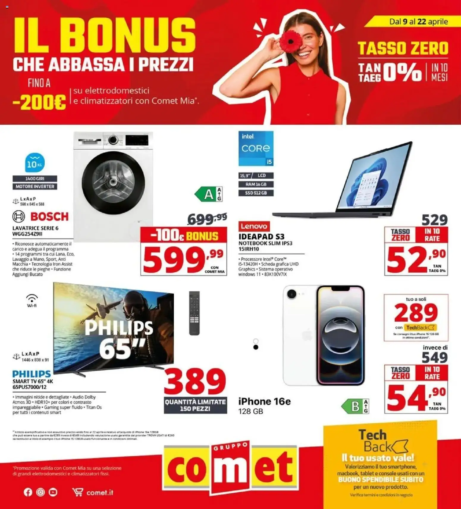 Volantino Comet del 10.04.2026 | Pagina: 1 | Prodotti: Iphone, smart TV, Lavatrice, TV