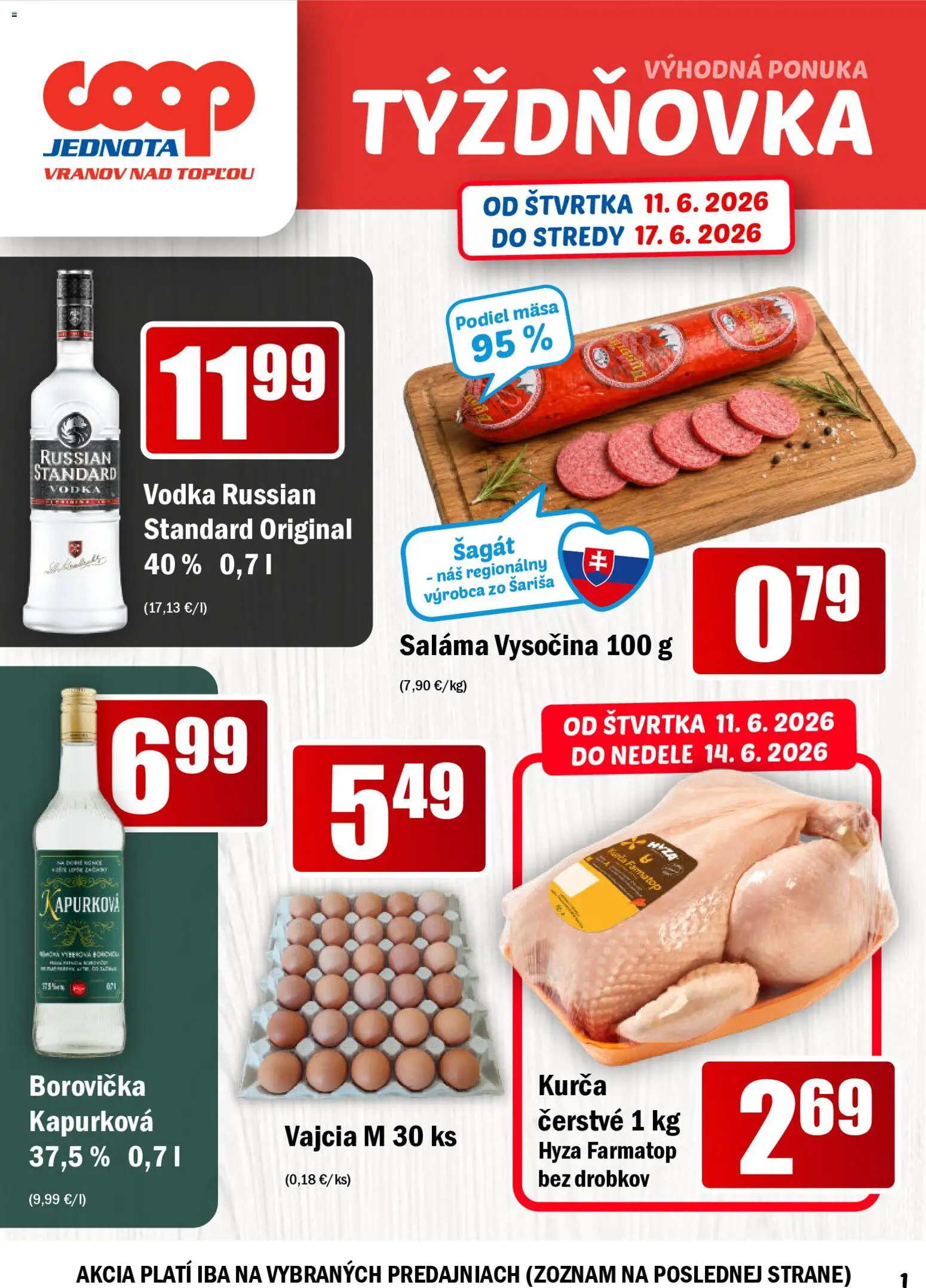 Nové COOP Jednota akcie – leták je platný od 11.06.2026 | Strana: 1 | Produkty: Vajcia, Saláma, Borovička, Kurča