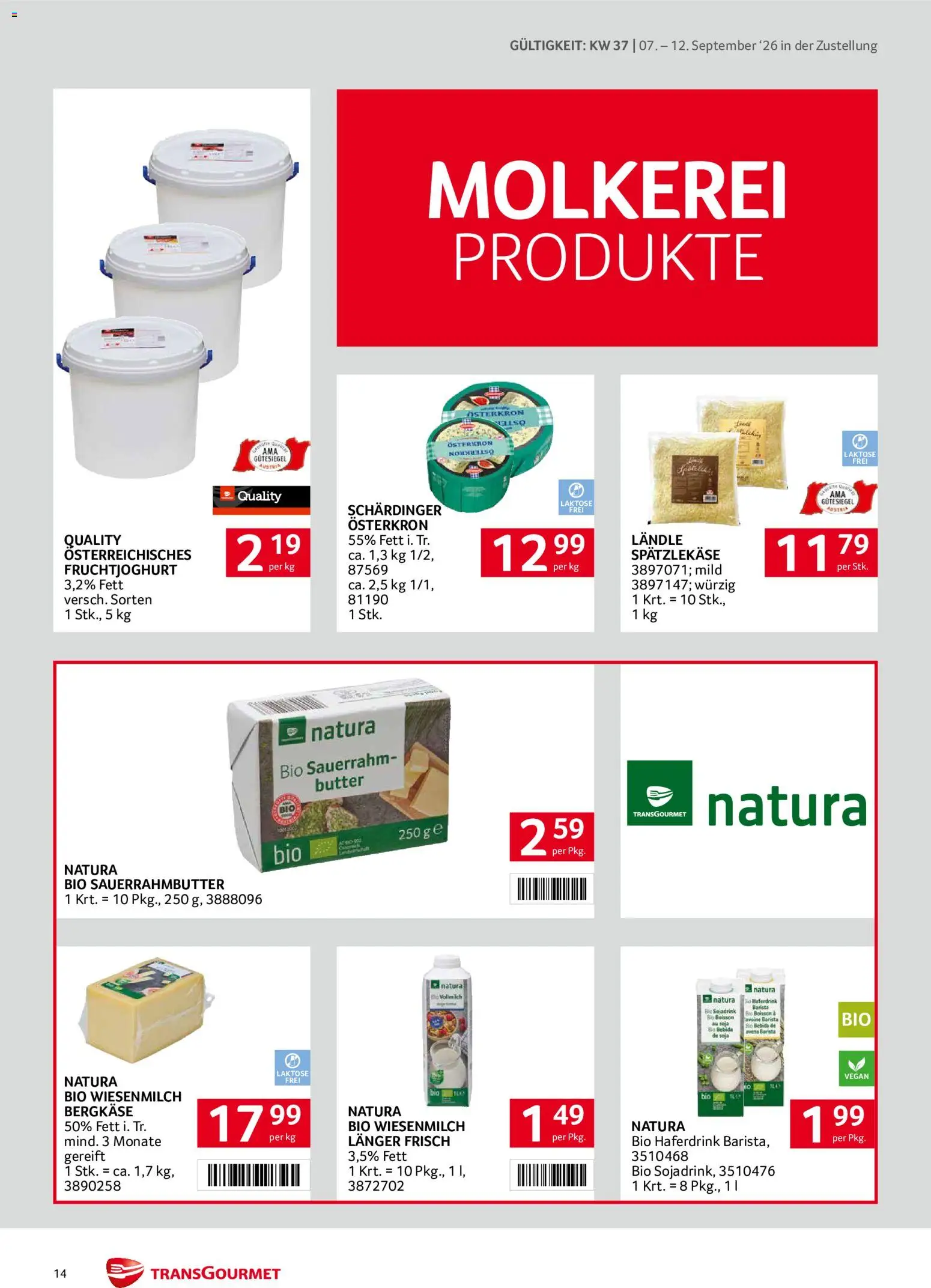 Transgourmet Zustellaktion - Broschüre gültig ab 07.09.2026 | Seite: 14 | Produkte: Vollmilch, Butter, Sauerrahm
