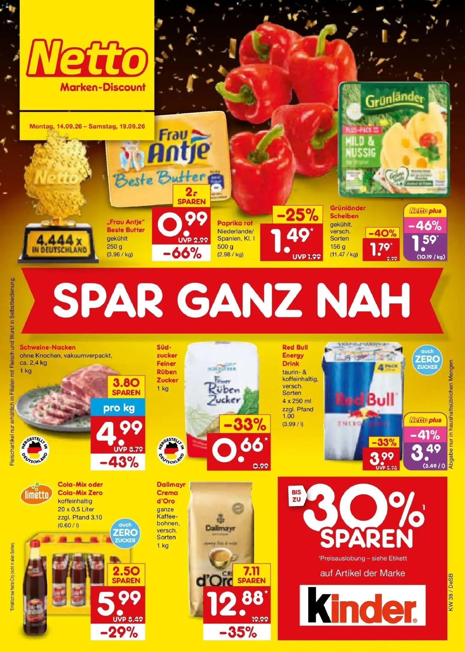 Netto Marken-Discount Prospekt Stuttgart – gültig ab 14.09.2026 | Seite: 1 | Produkte: Red bull, Kaffee, Schweinenacken, Grunlander