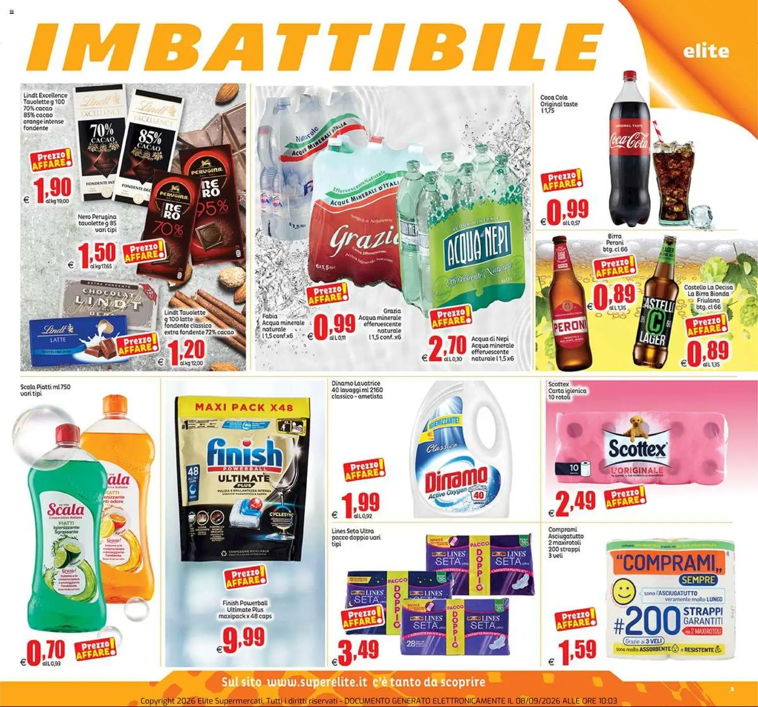 Volantino Elite Supermercati del 10/09/2026 | Pagina: 3 | Prodotti: Birra, Lindt, Acqua, Asciugatutto
