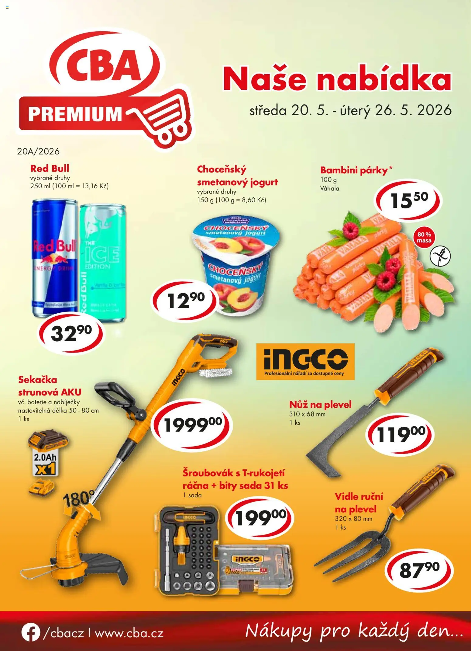 CBA leták - Premium od 20.05.2026 | Strana: 1 | Produkty: Jogurt, Vidle, Sekačka, Red Bull
