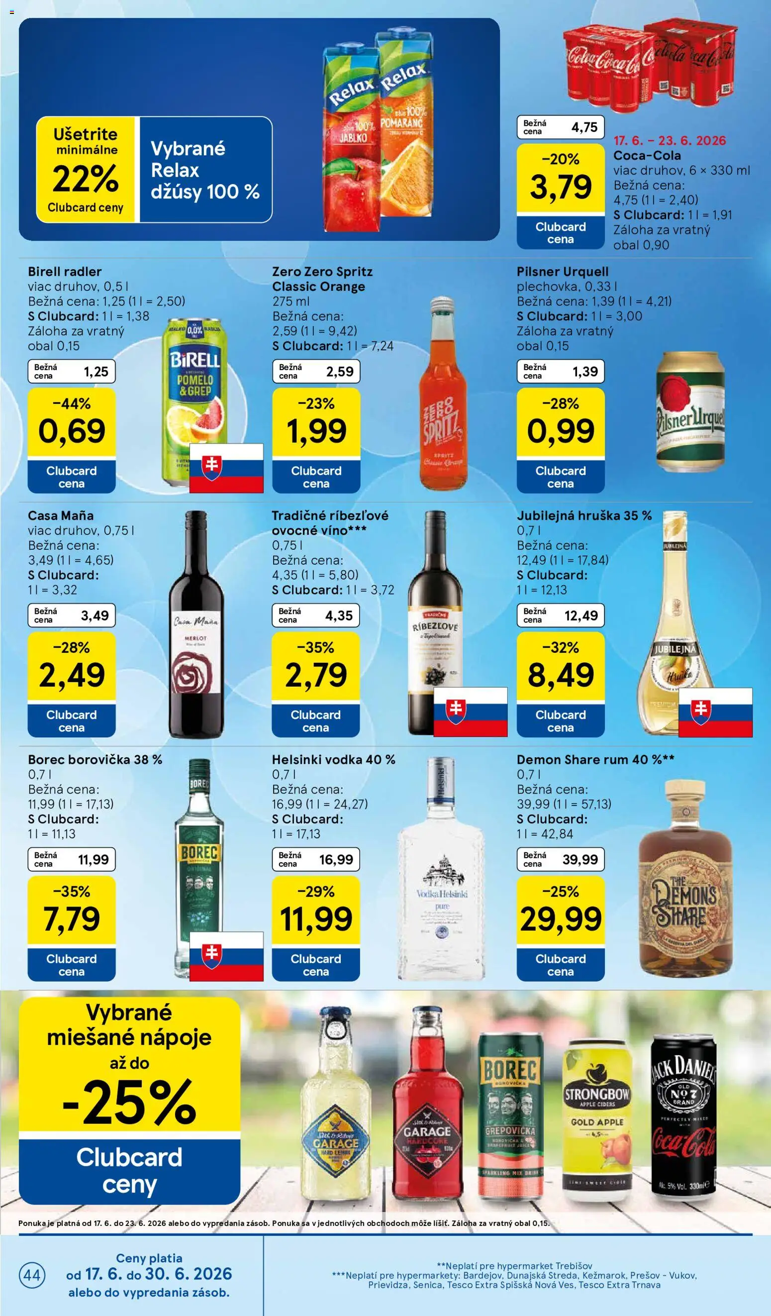 Nové Tesco akcie – leták je platný od 17.06.2026 | Strana: 44 | Produkty: Borovička, Radler, Coca cola, Grep