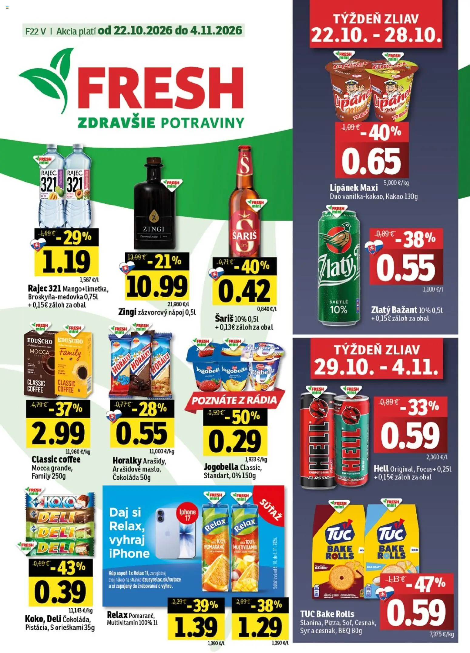 Nové Fresh akcie – leták je platný od 22.10.2026 | Strana: 1 | Produkty: Syr, Zlatý Bažant, Šariš, Horálky