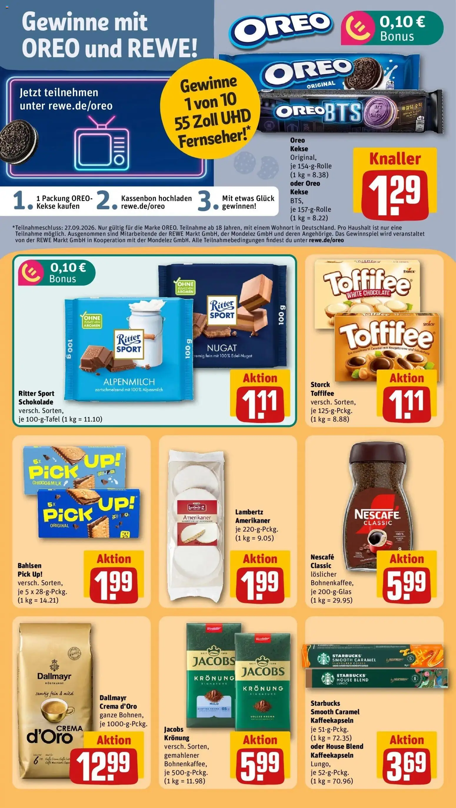 REWE Prospekt ab 21.09.2026 zum Blättern » Angebote | Seite: 33 | Produkte: Nescafe, Schokolade, Kekse, Fernseher