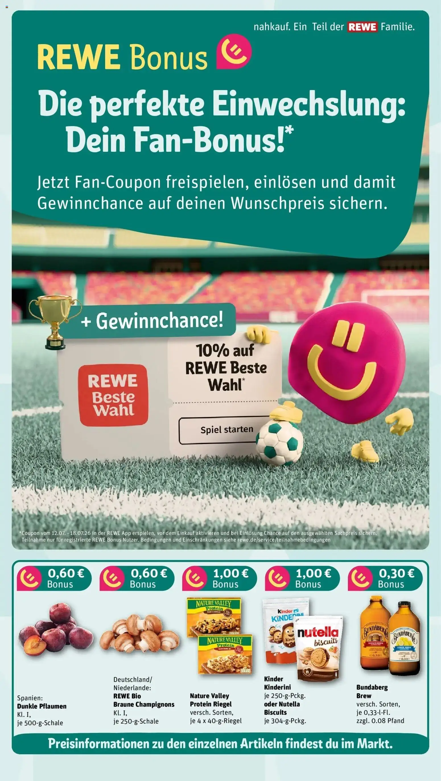 Rewe Prospekt Maintal / Bischofsheim – gültig ab 13.07.2026 | Seite: 4 | Produkte: Spiel, Pflaumen, Nutella, Champignons
