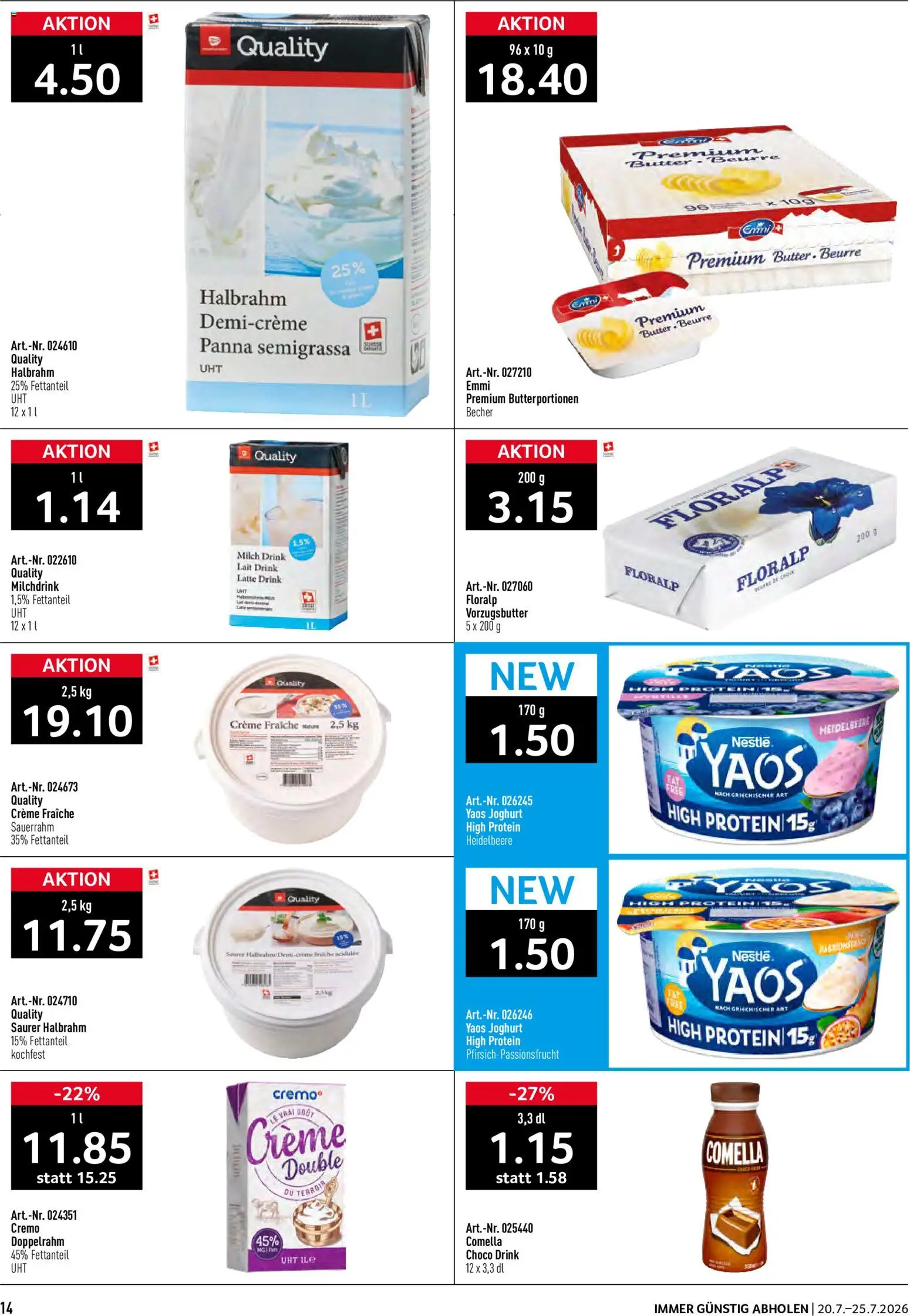 Prodega aktionen – gültig ab 20.07.2026 | Seite: 14 | Produkte: Milch, Butter, Saurer Halbrahm, Sauerrahm